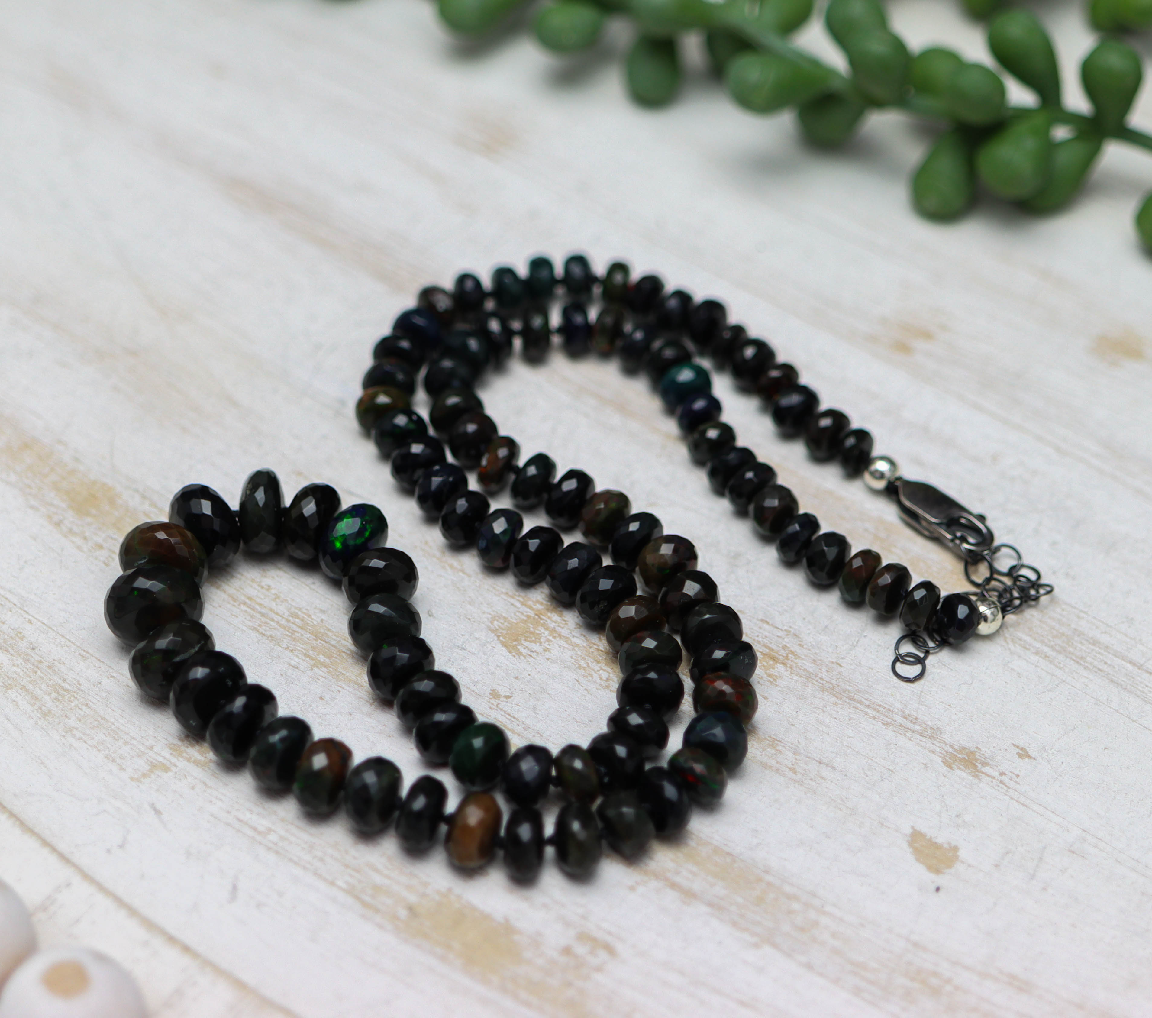 Black Opal Hand Knotted Bead Necklace Sterling Silver