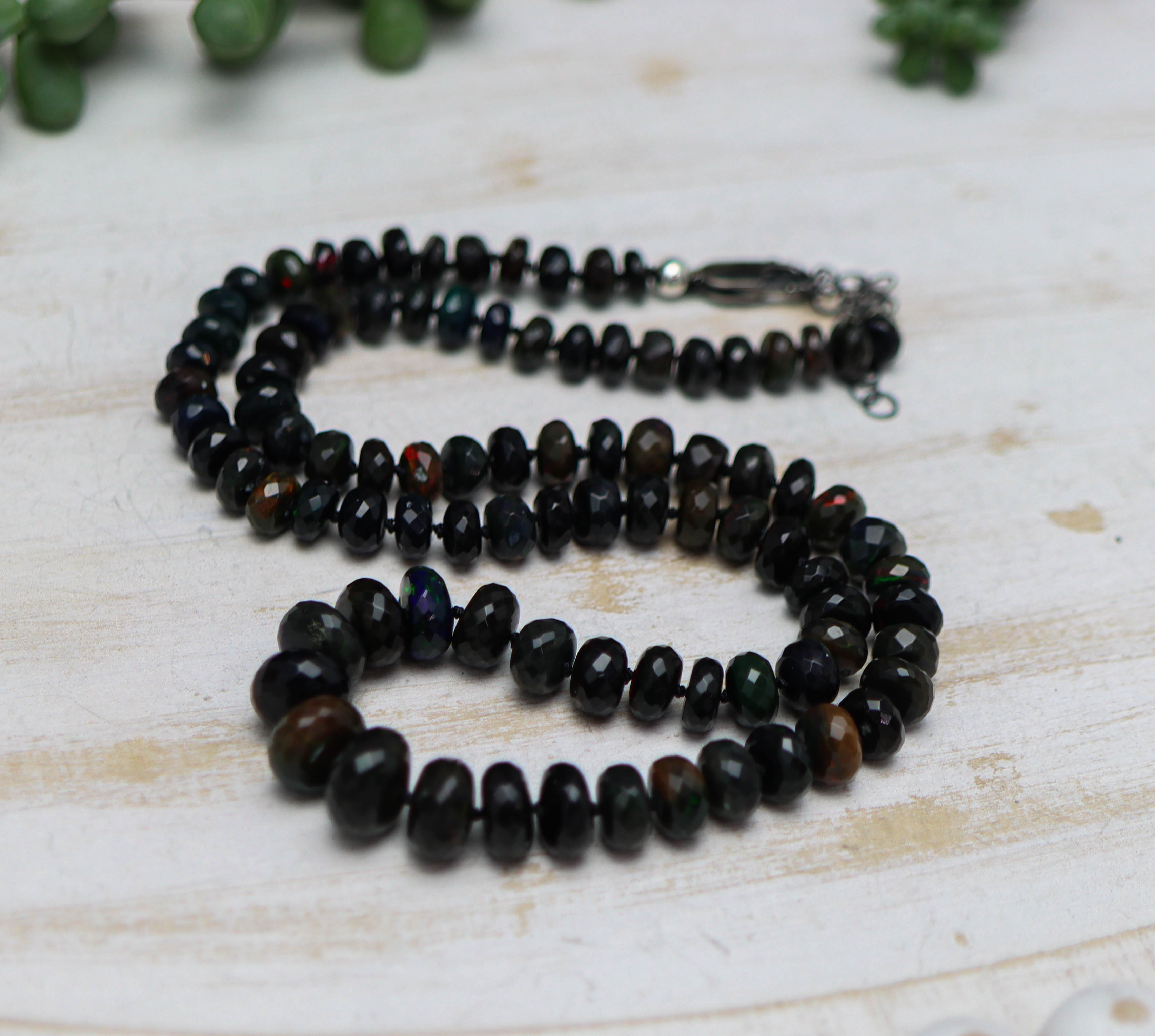Black Opal Hand Knotted Bead Necklace Sterling Silver