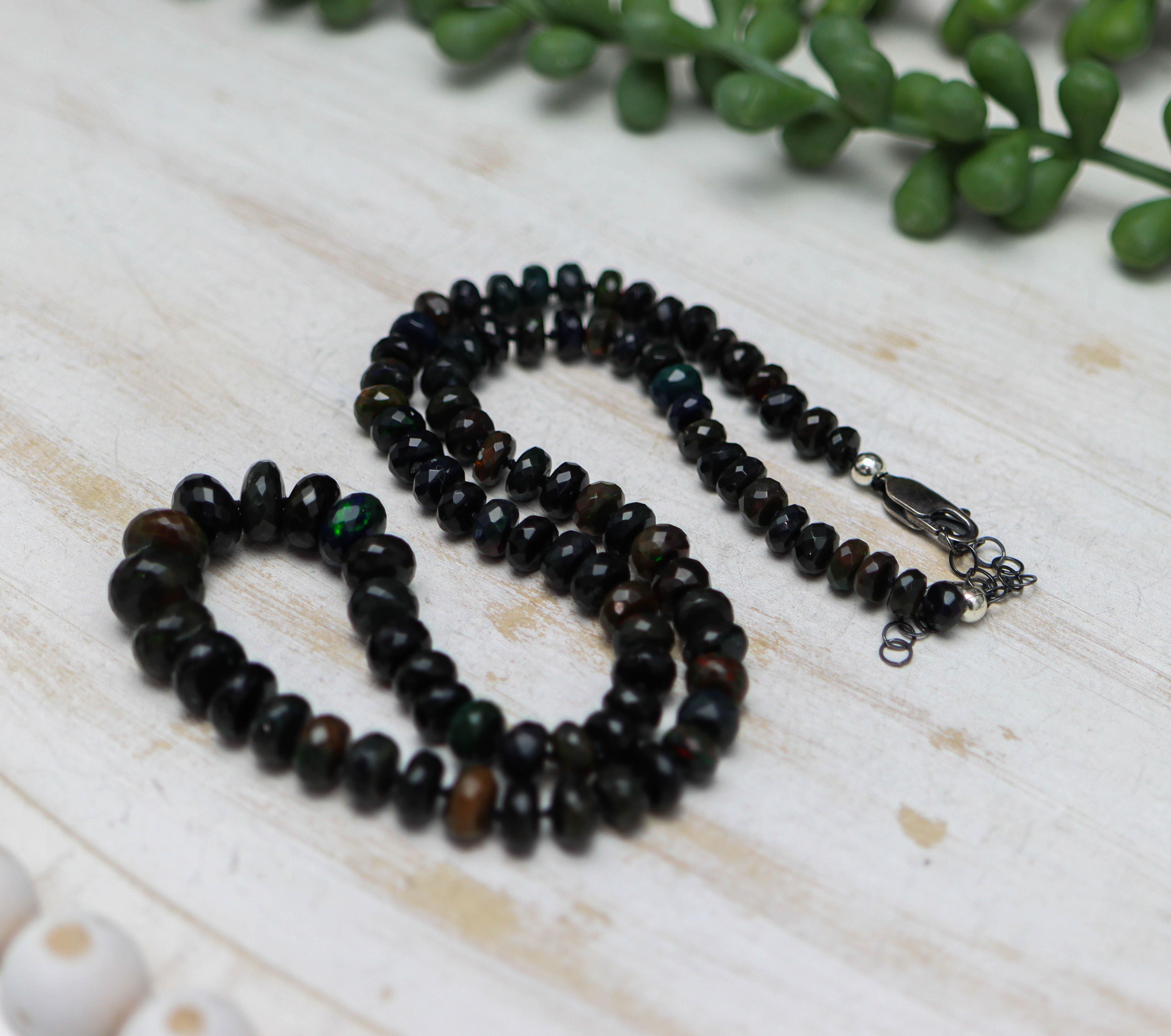 Black Opal Hand Knotted Bead Necklace Sterling Silver