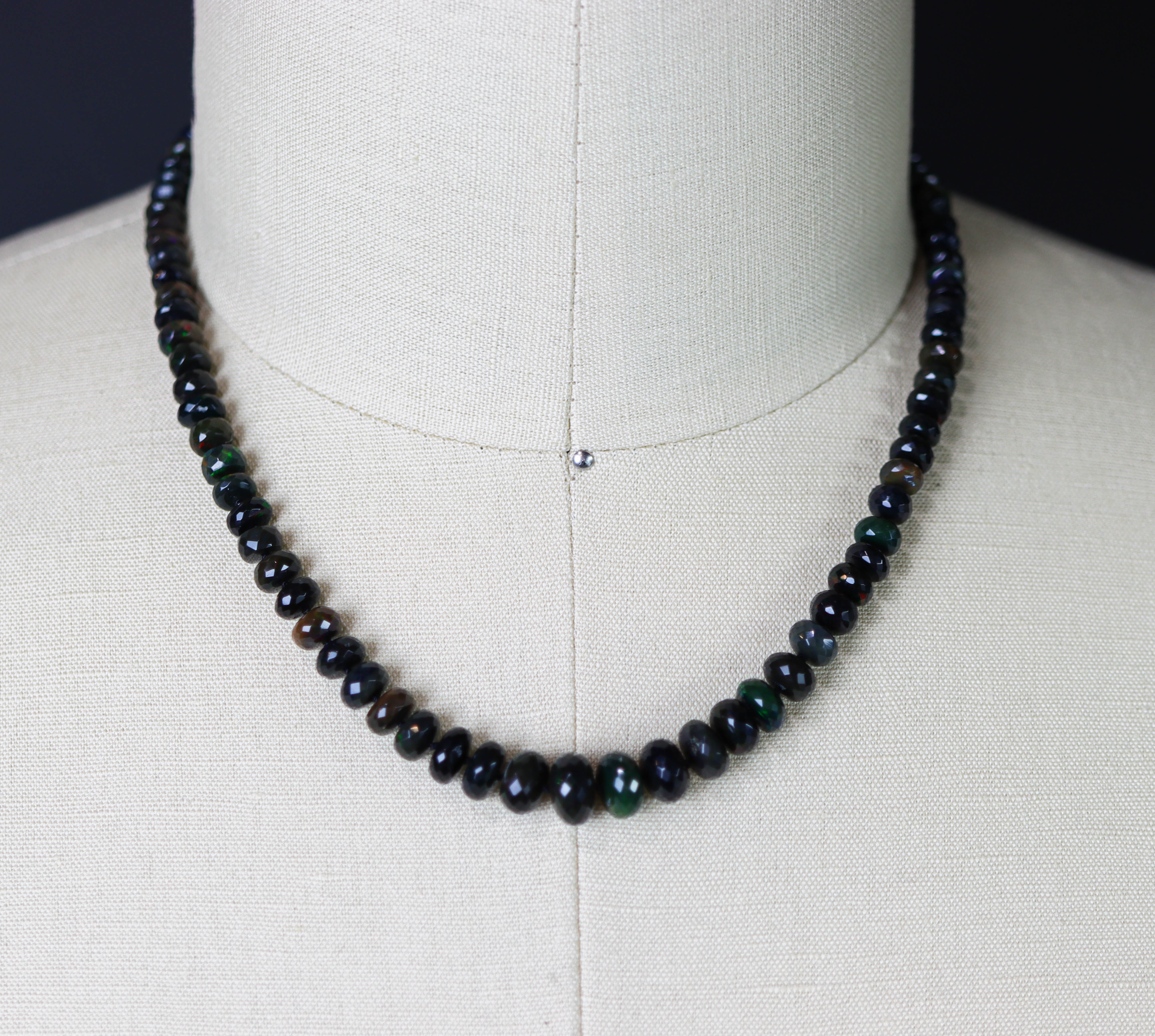 Black Opal Hand Knotted Bead Necklace Sterling Silver