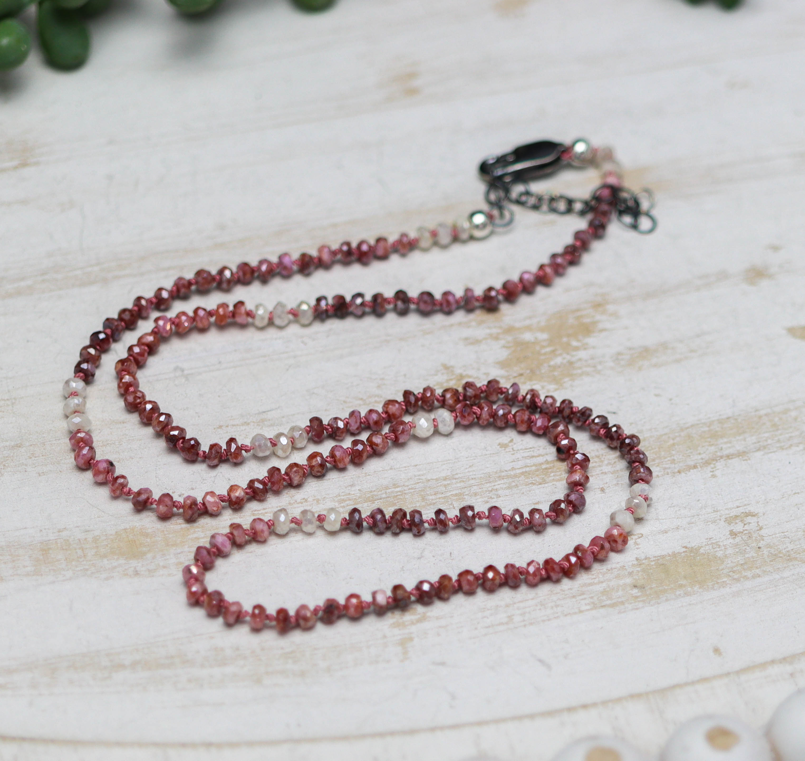 Pink Sapphire Hand Knotted Bead Necklace Sterling Silver