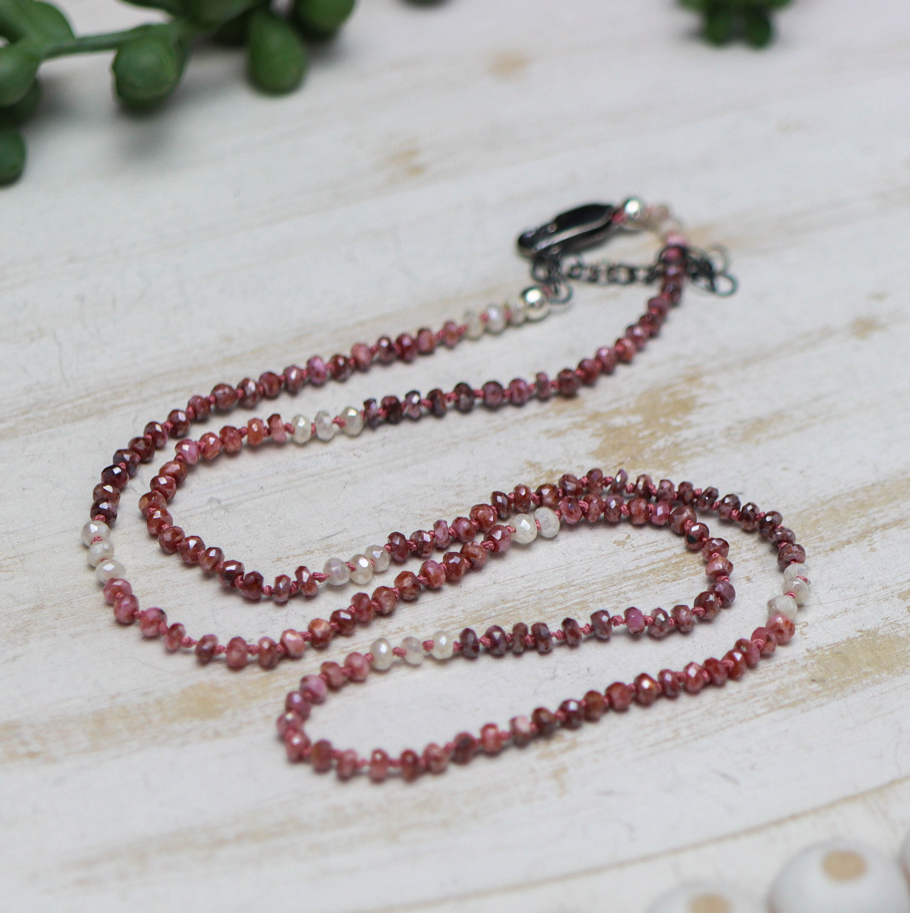 Pink Sapphire Hand Knotted Bead Necklace Sterling Silver