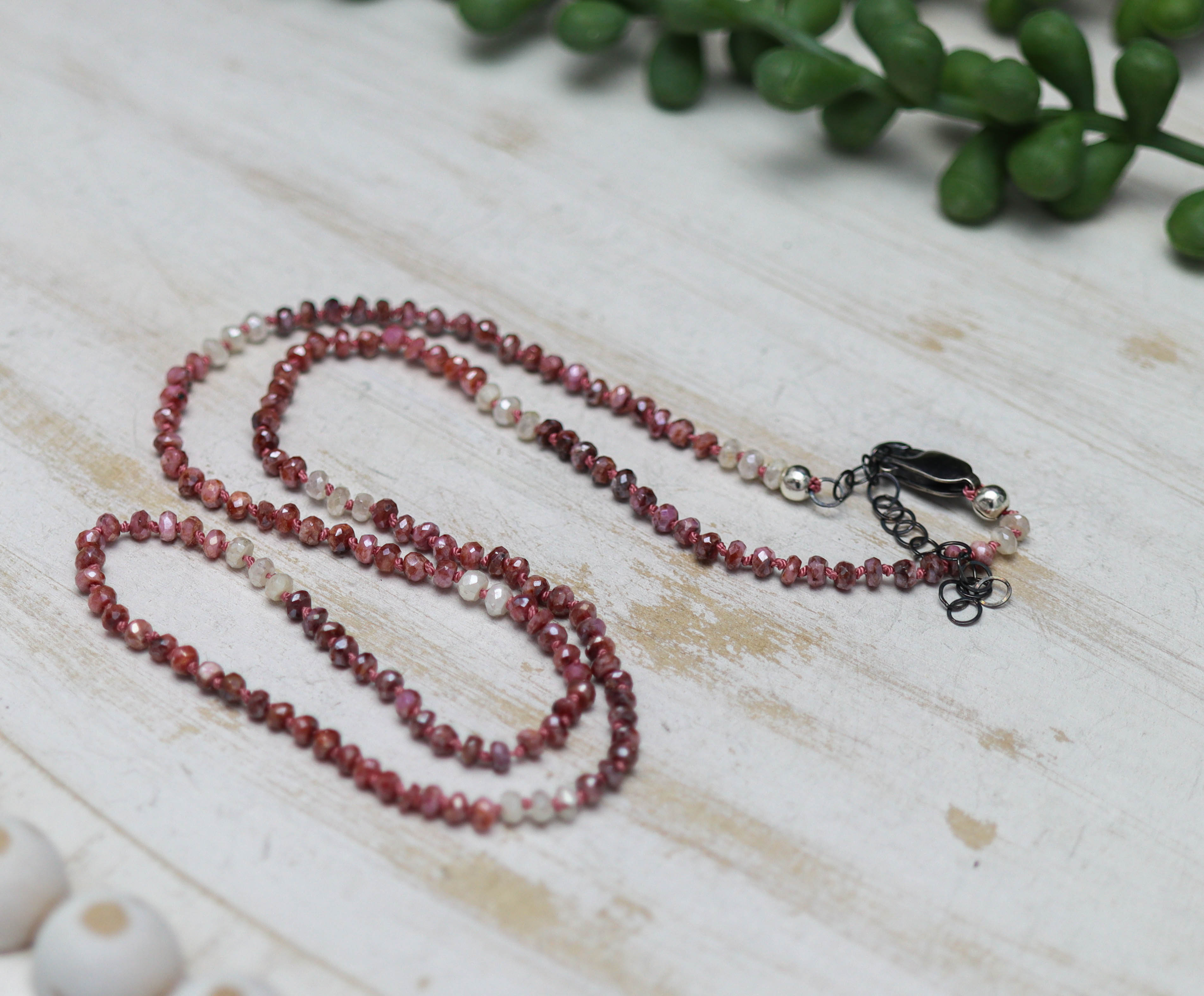 Pink Sapphire Hand Knotted Bead Necklace Sterling Silver