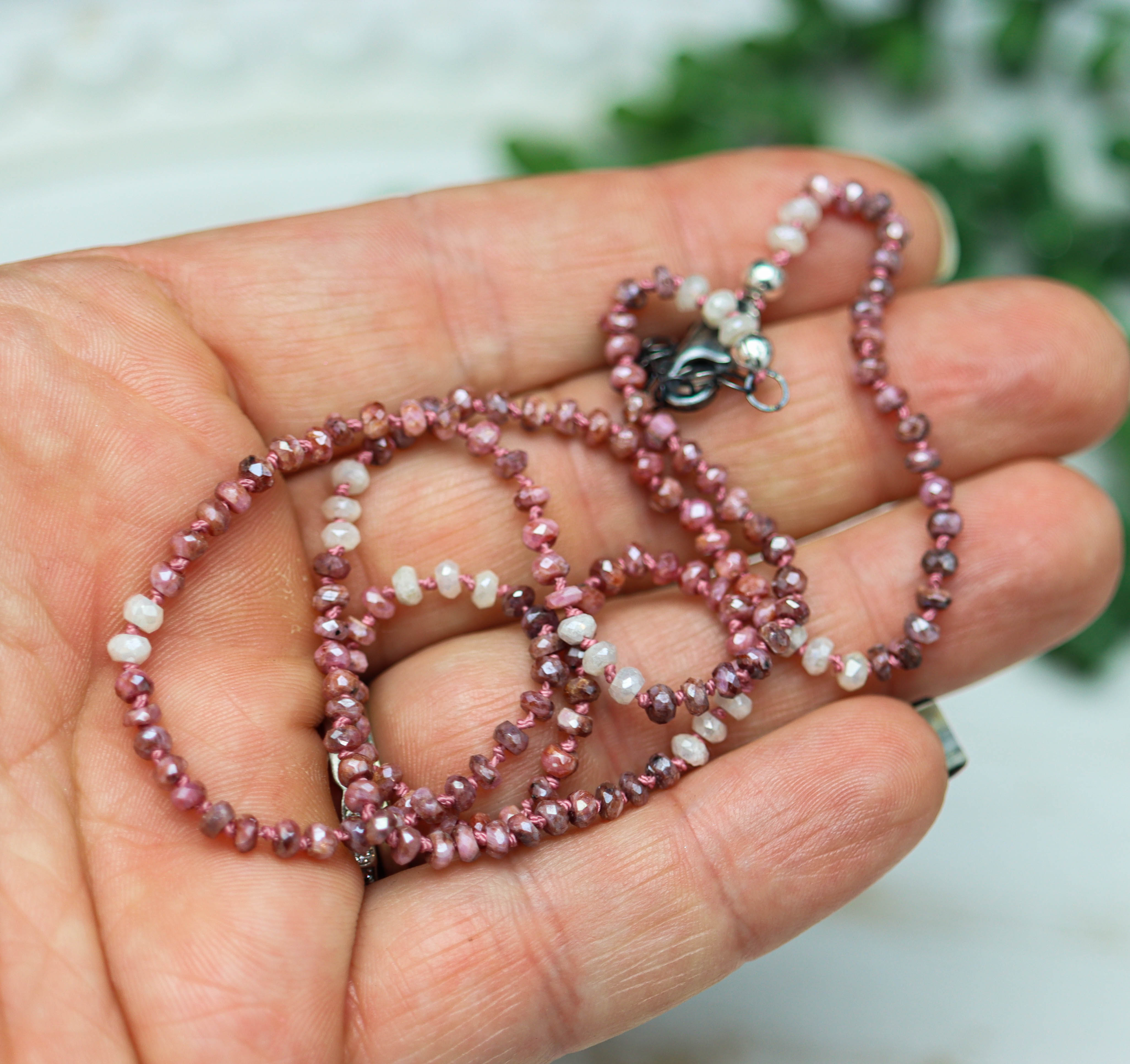 Pink Sapphire Hand Knotted Bead Necklace Sterling Silver