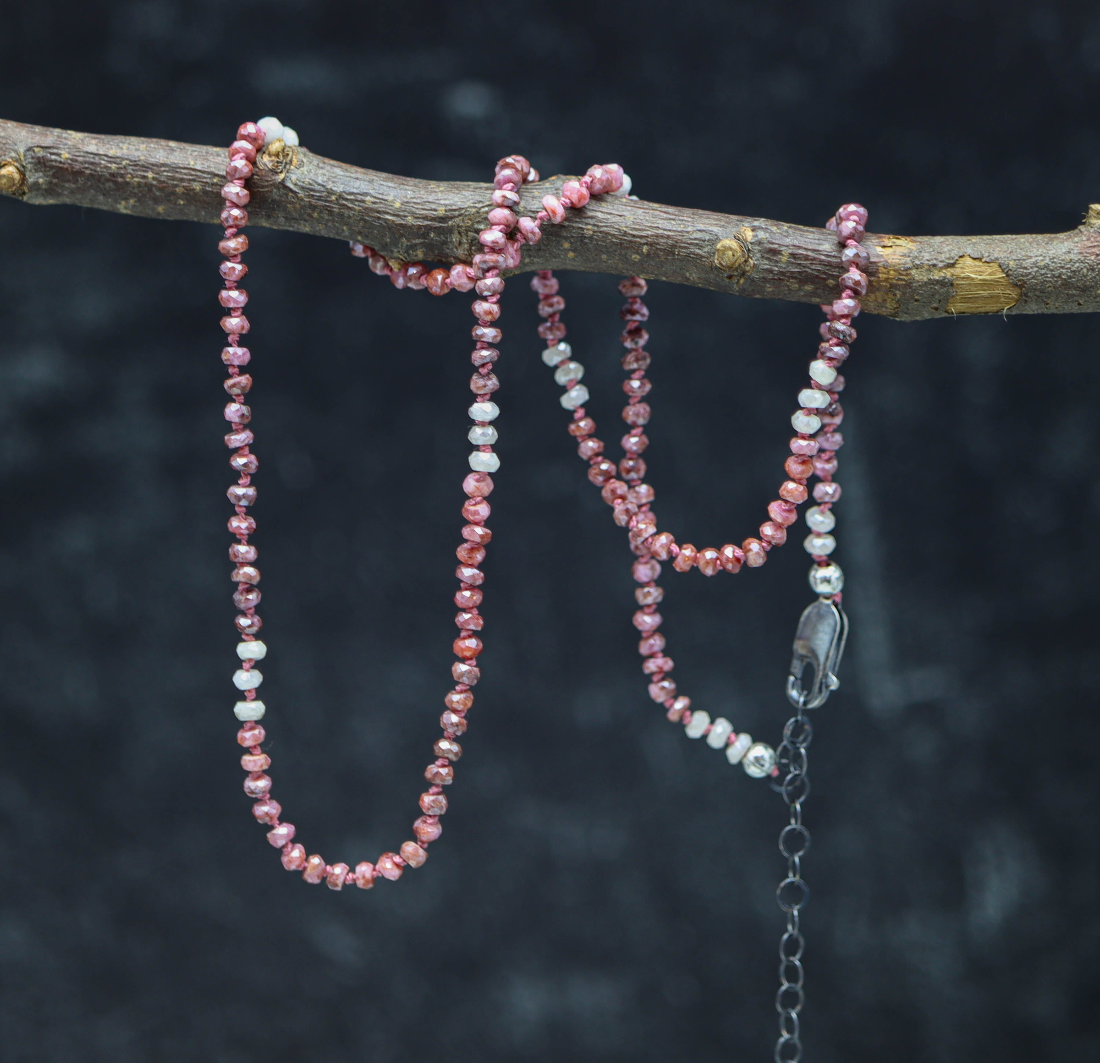 Pink Sapphire Hand Knotted Bead Necklace Sterling Silver