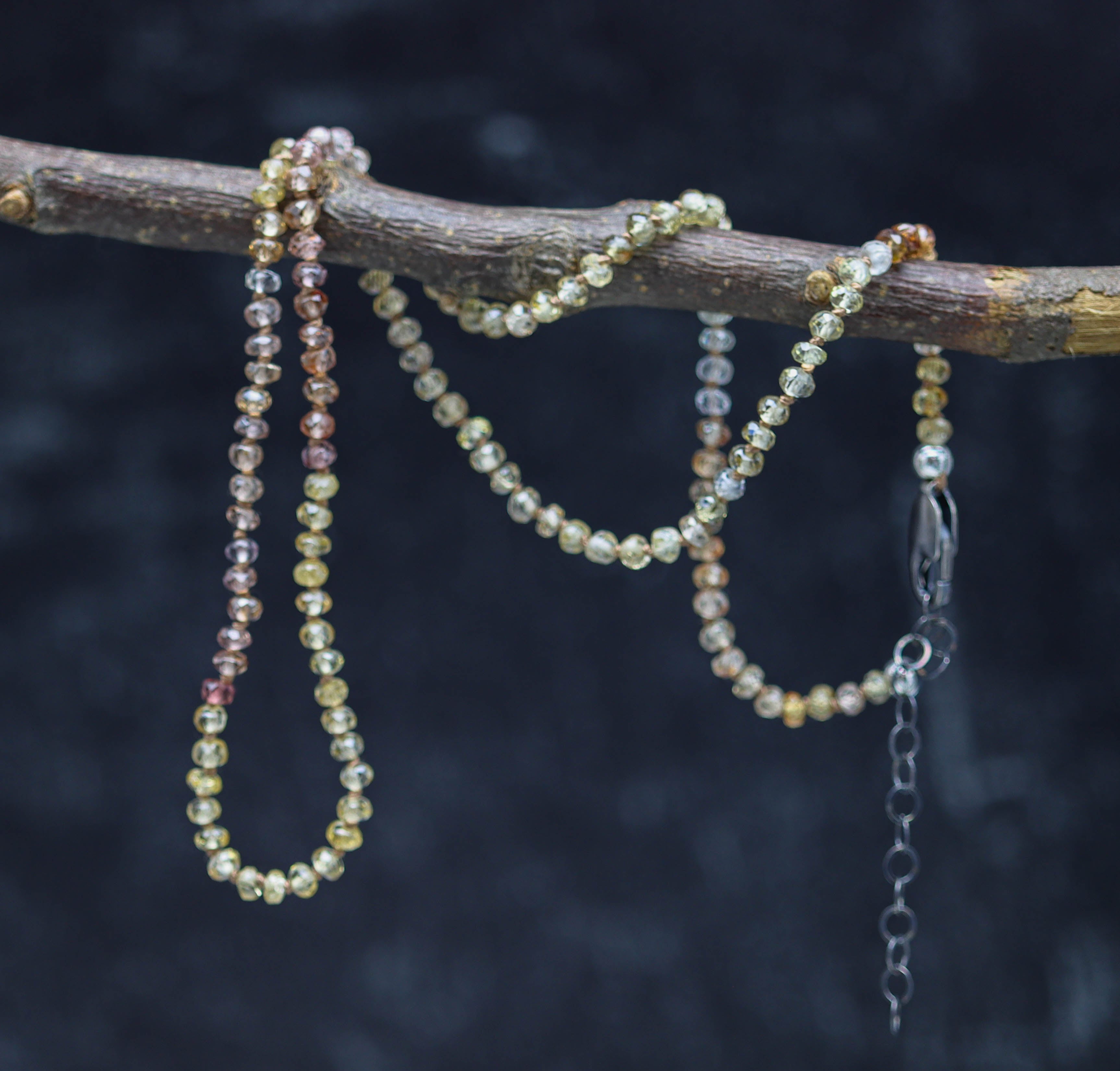 Champagne Zircon Hand Knotted Bead Necklace Sterling Silver