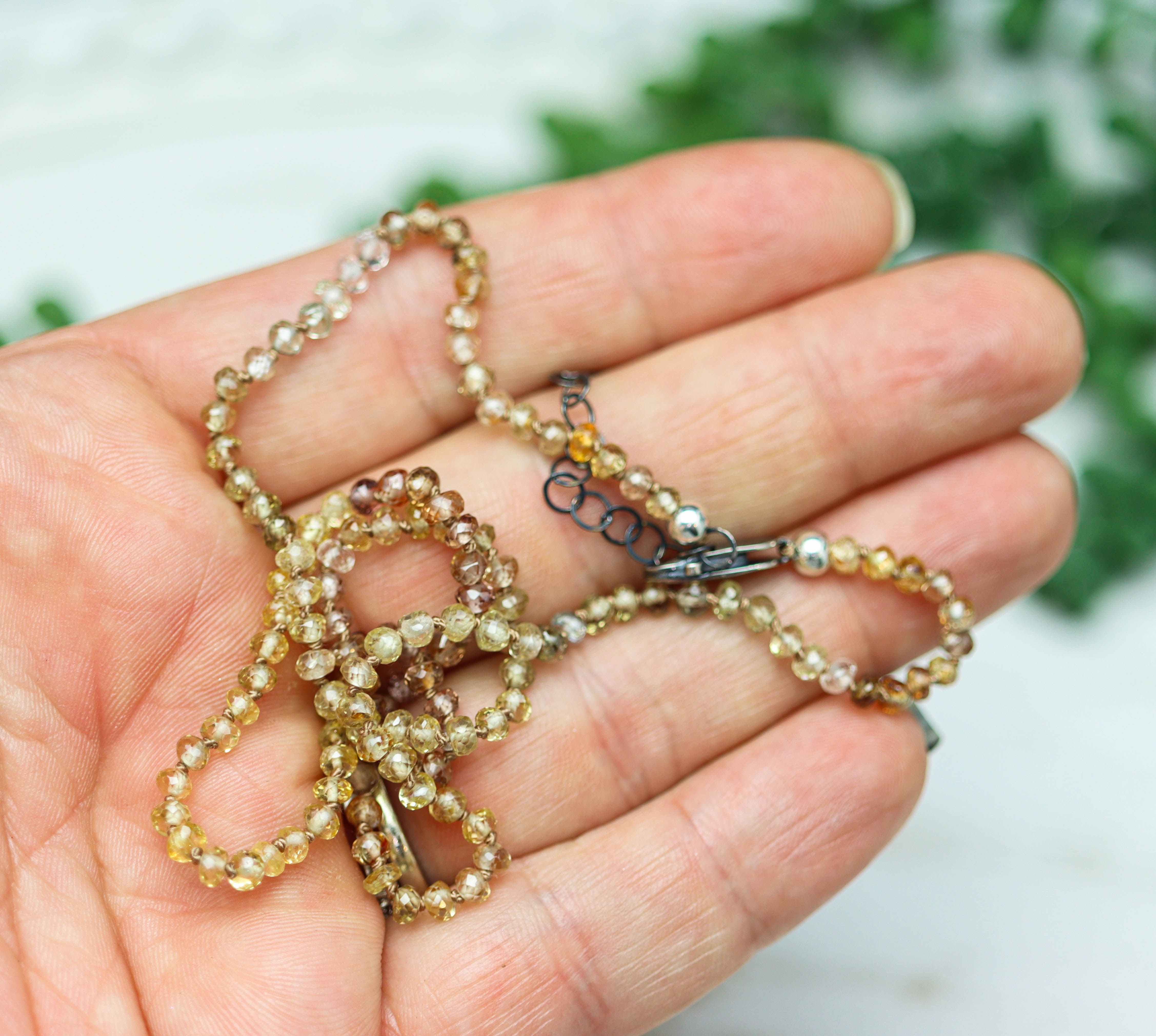 Champagne Zircon Hand Knotted Bead Necklace Sterling Silver