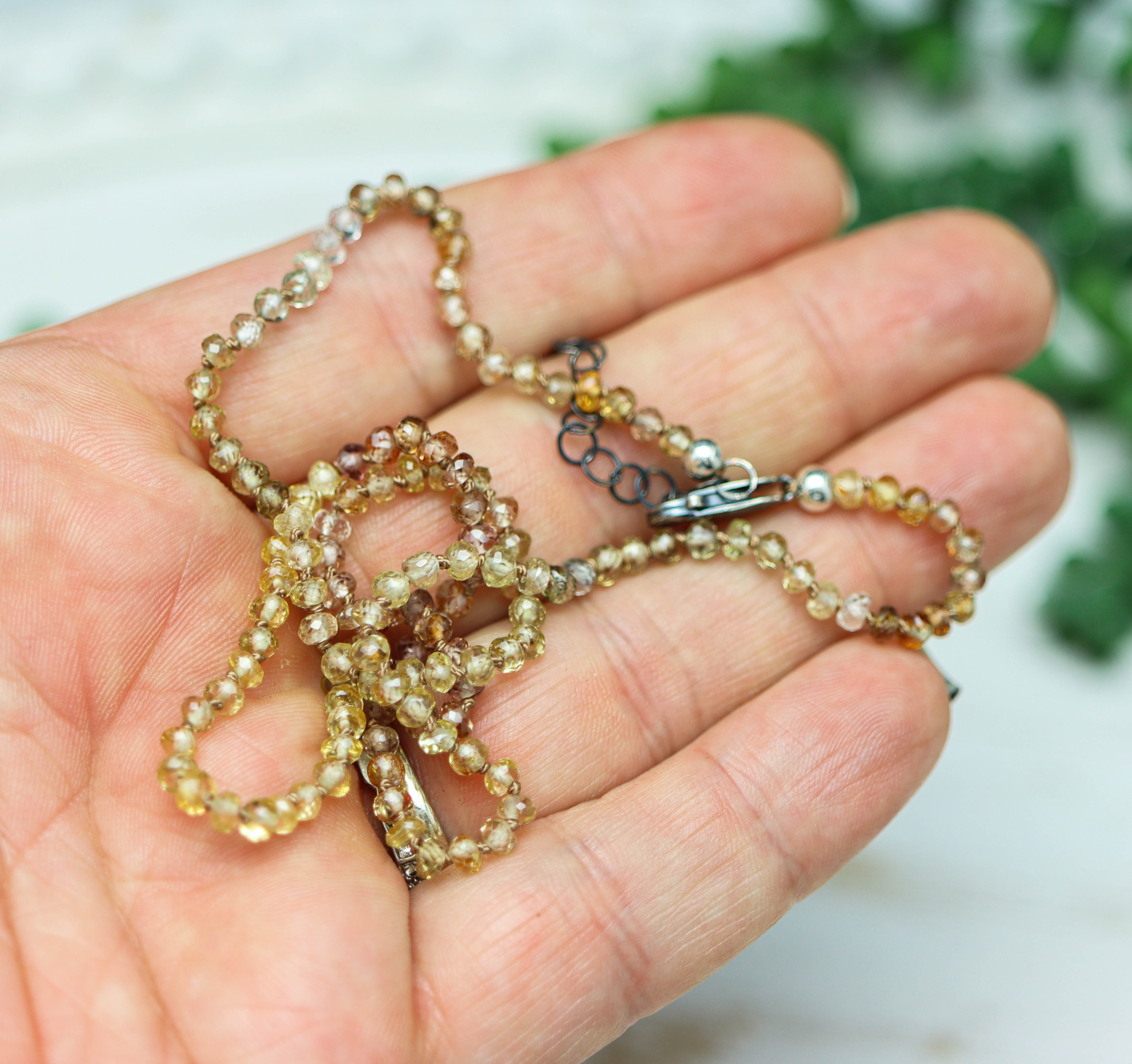 Champagne Zircon Hand Knotted Bead Necklace Sterling Silver
