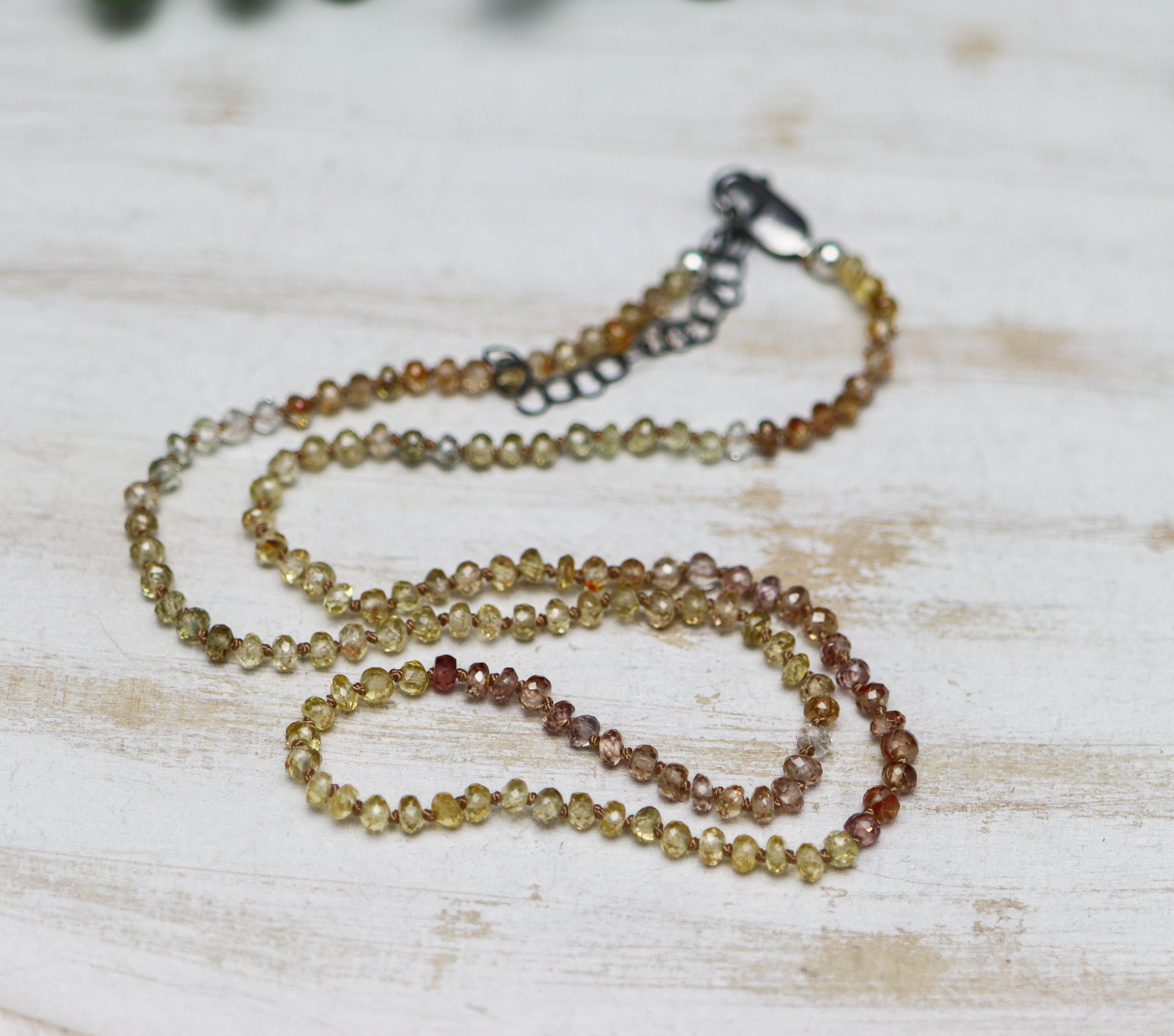 Champagne Zircon Hand Knotted Bead Necklace Sterling Silver