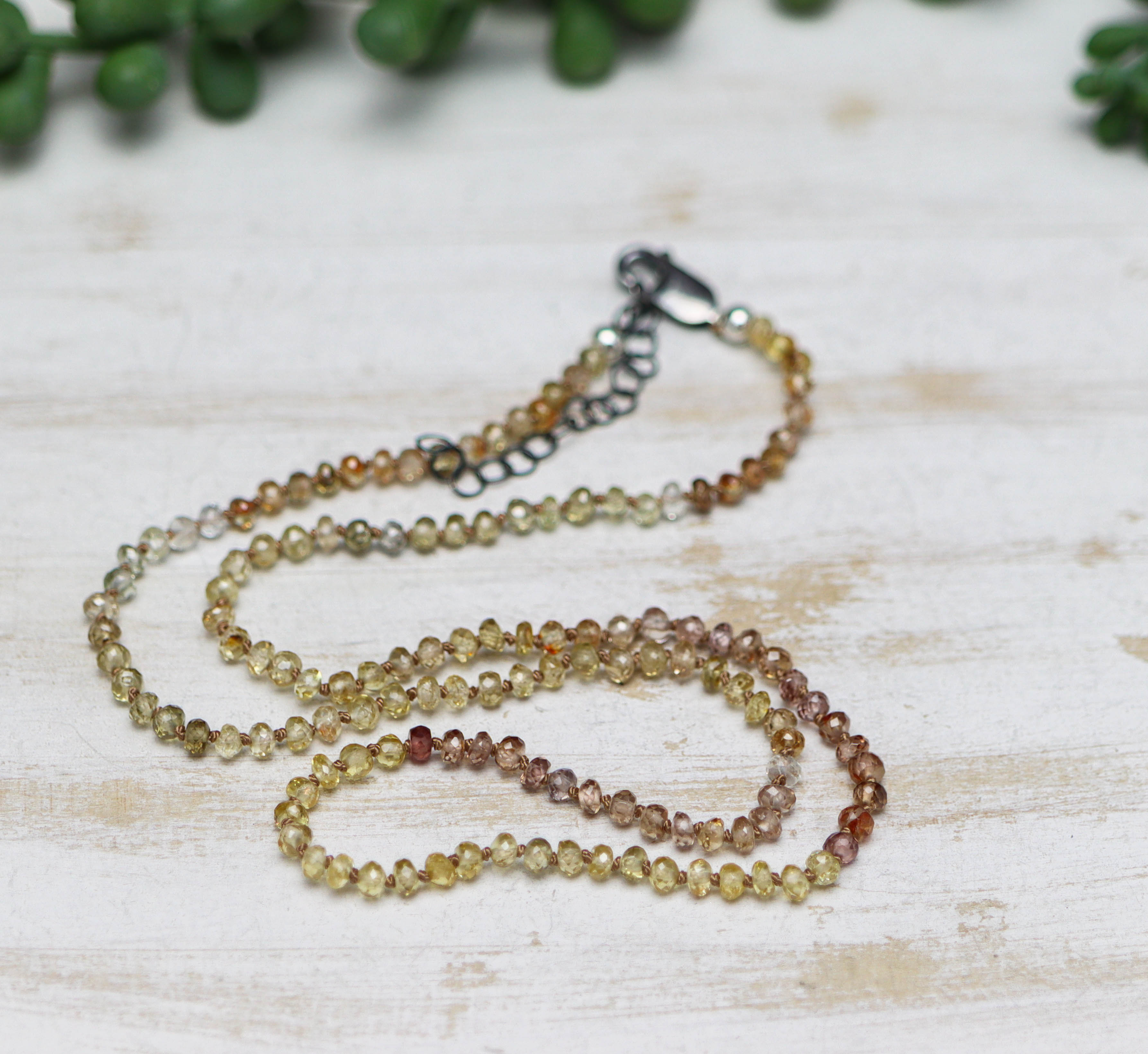 Champagne Zircon Hand Knotted Bead Necklace Sterling Silver