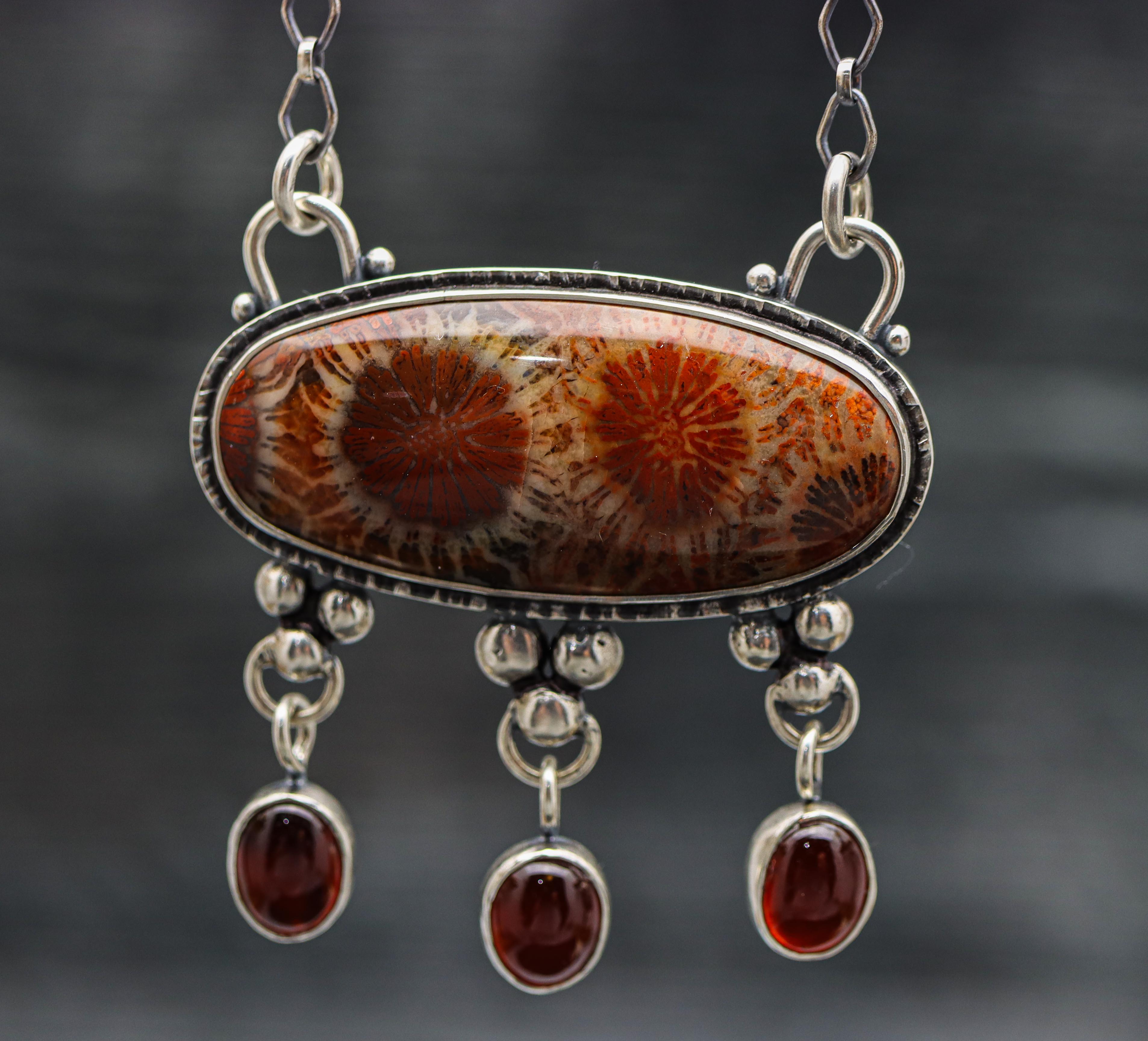 Fossil Co ral and Hessonite Garnet Pendant Sterling Silver One Of a Kind Gemstone Necklace