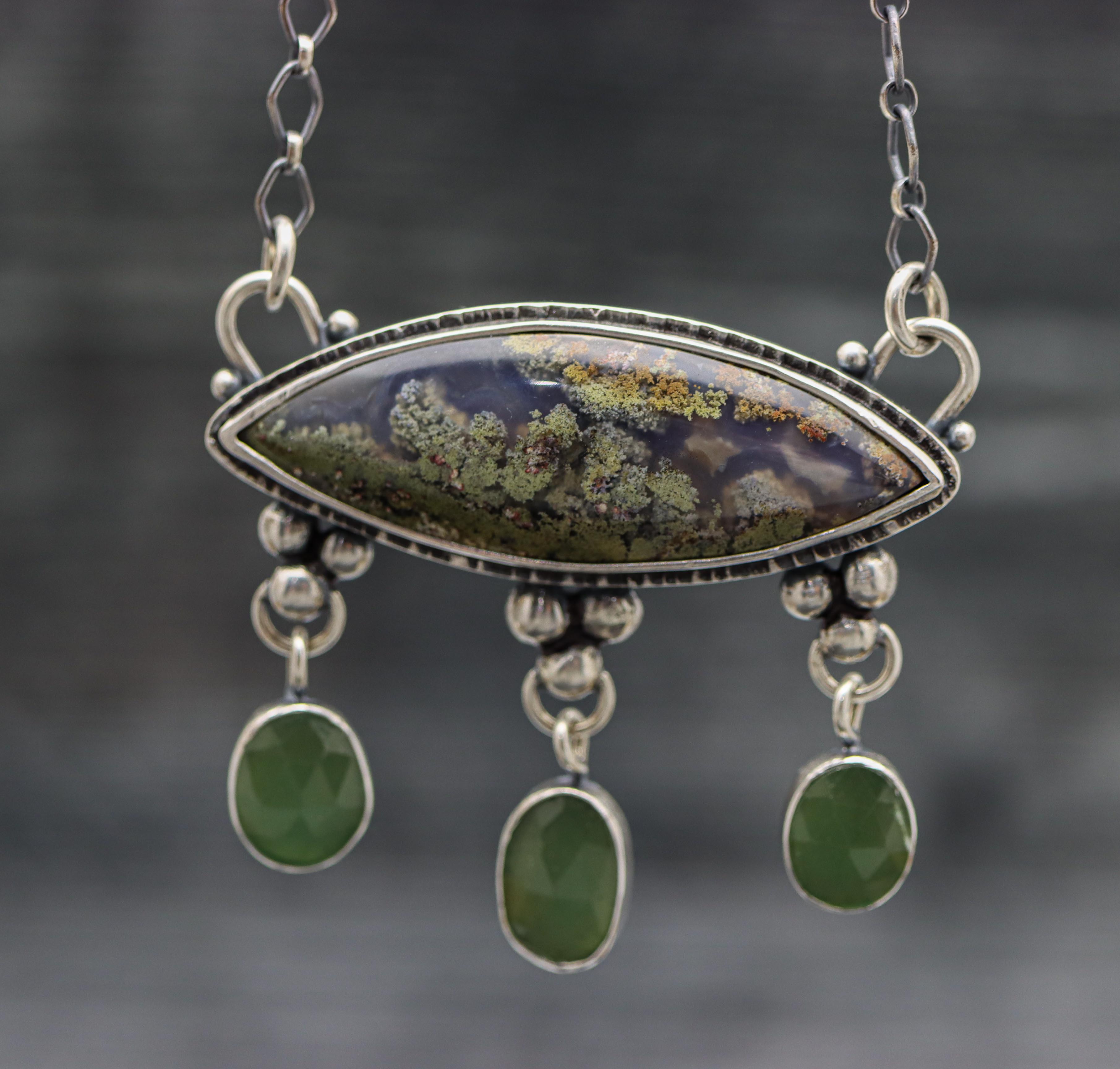 Moss Agate and Aventurine Pendant Sterling Silver One Of a Kind Gemstone Necklace
