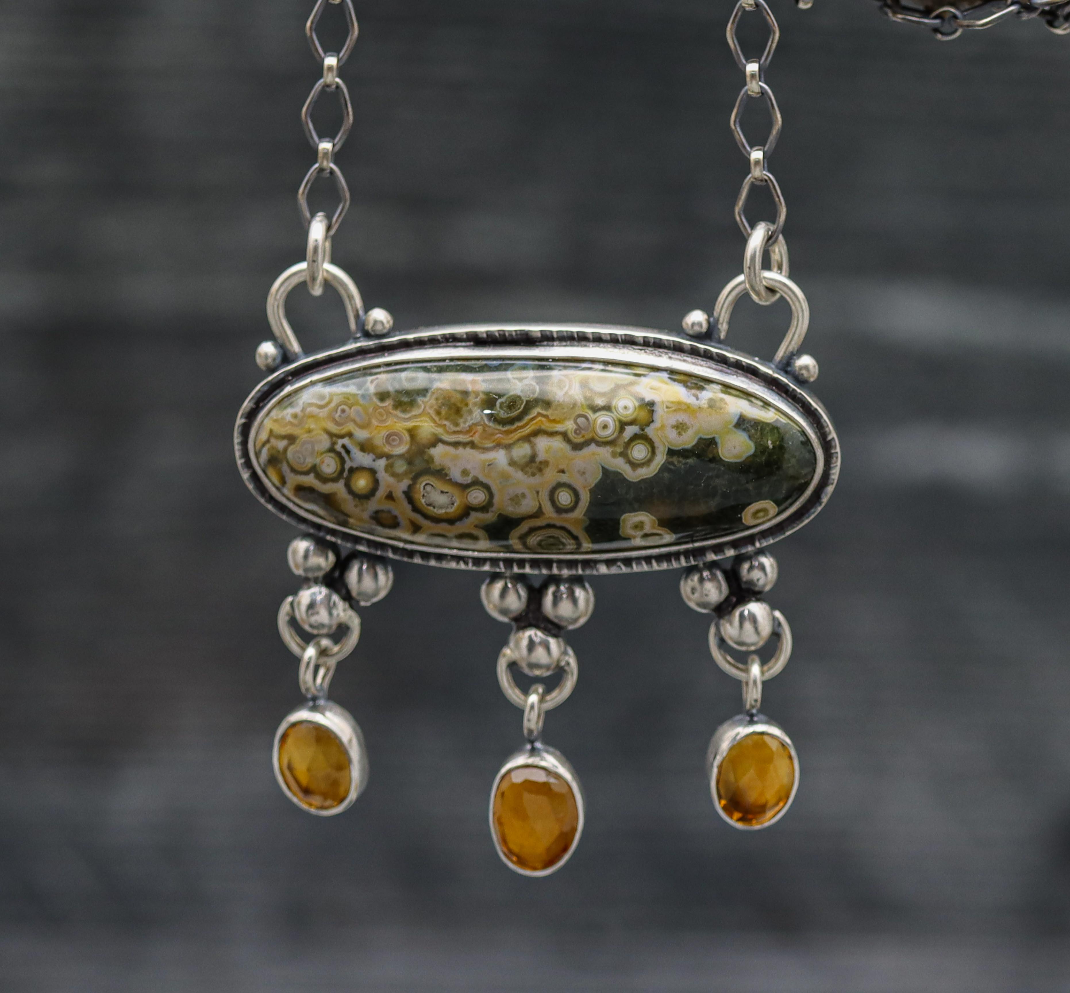 Ocean Jasper and Mandarine Citrine Pendant Sterling Silver One Of a Kind Gemstone Necklace