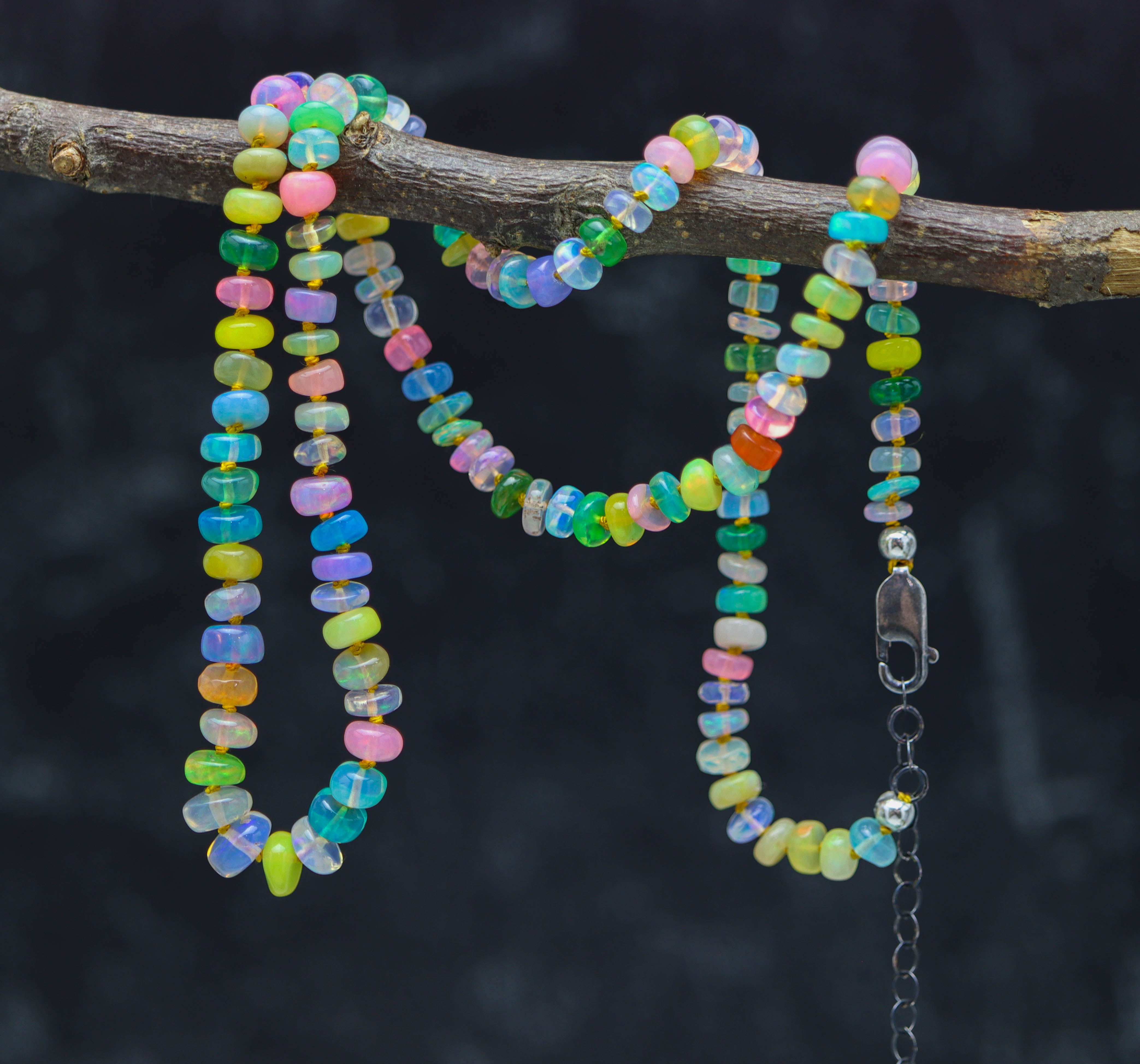Multicolor Opal Hand-Knotted Strand Necklace in Sterling Silver