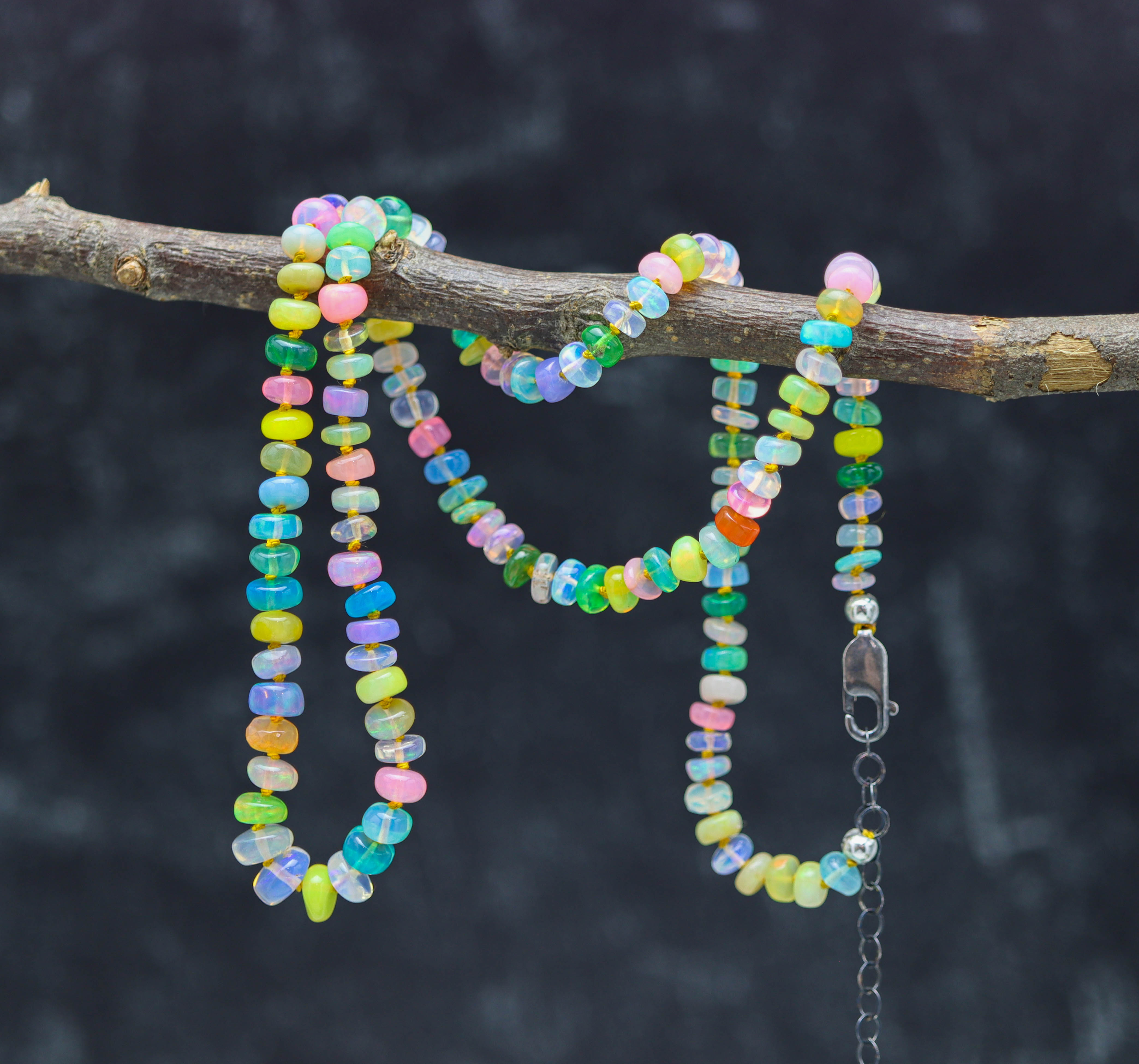 Multicolor Opal Hand-Knotted Strand Necklace in Sterling Silver