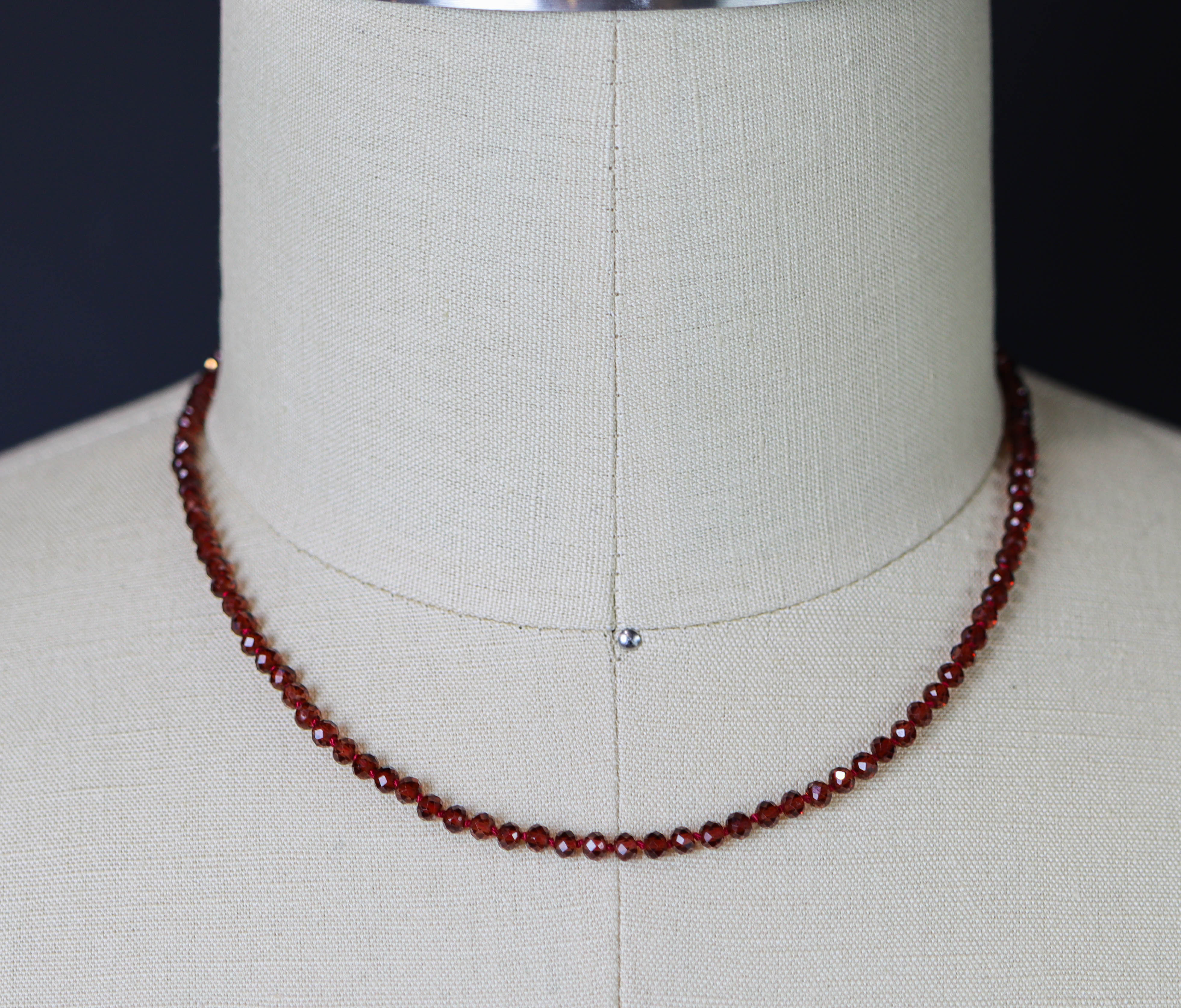 Red Garnet Hand Knotted Bead Necklace Sterling Silver 17 inch