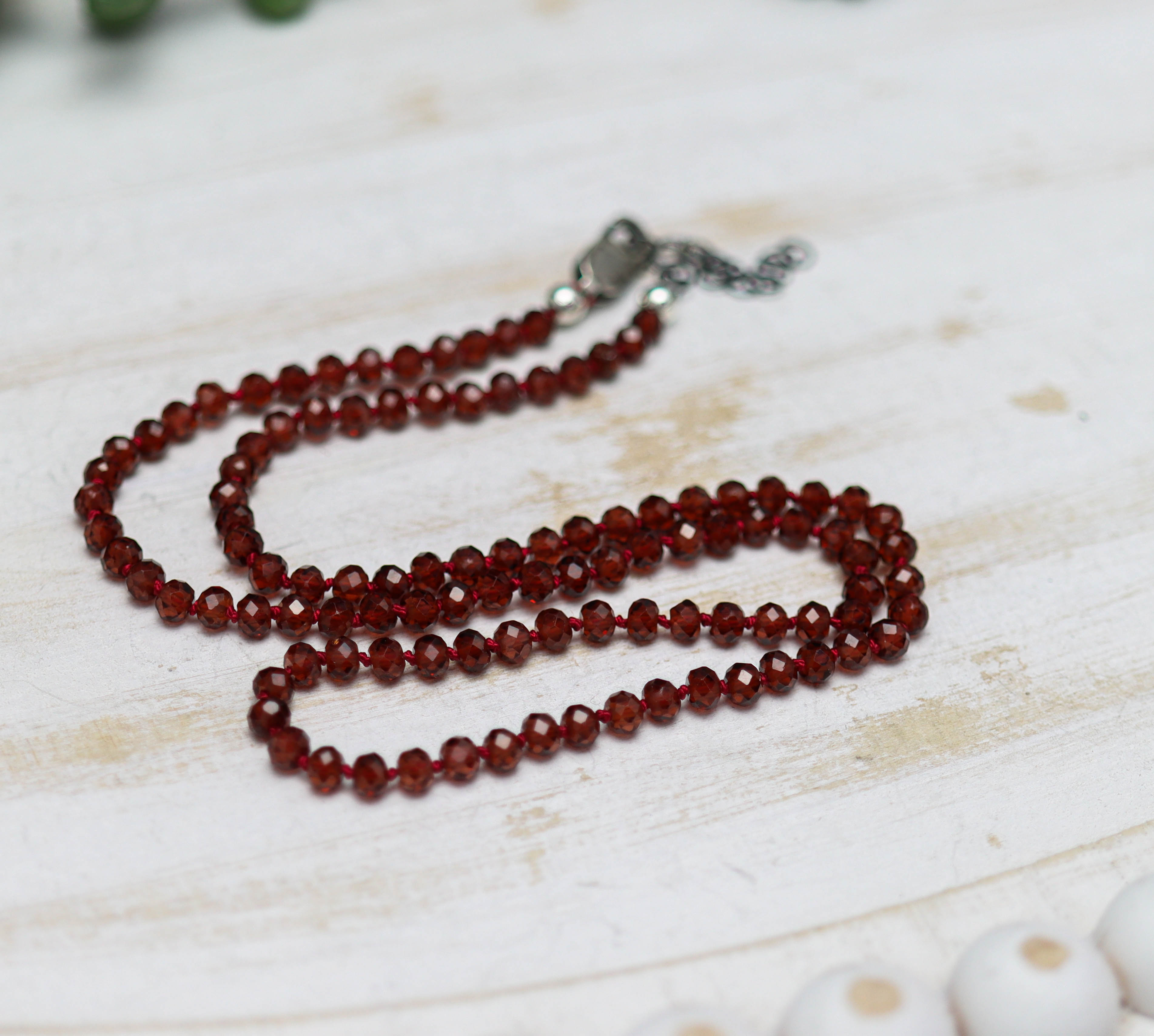 Red Garnet Hand Knotted Bead Necklace Sterling Silver 17 inch