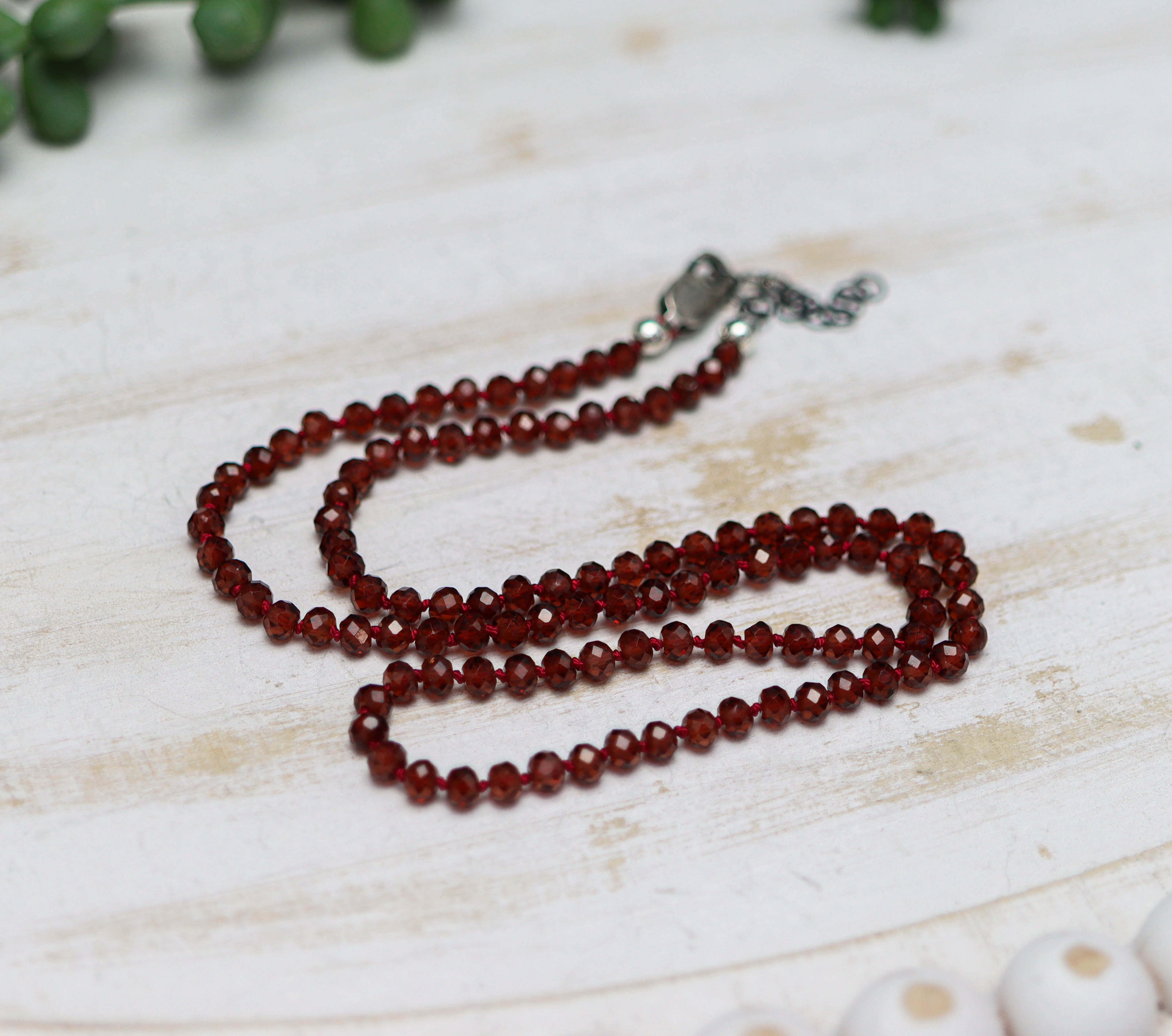 Red Garnet Hand Knotted Bead Necklace Sterling Silver 17 inch