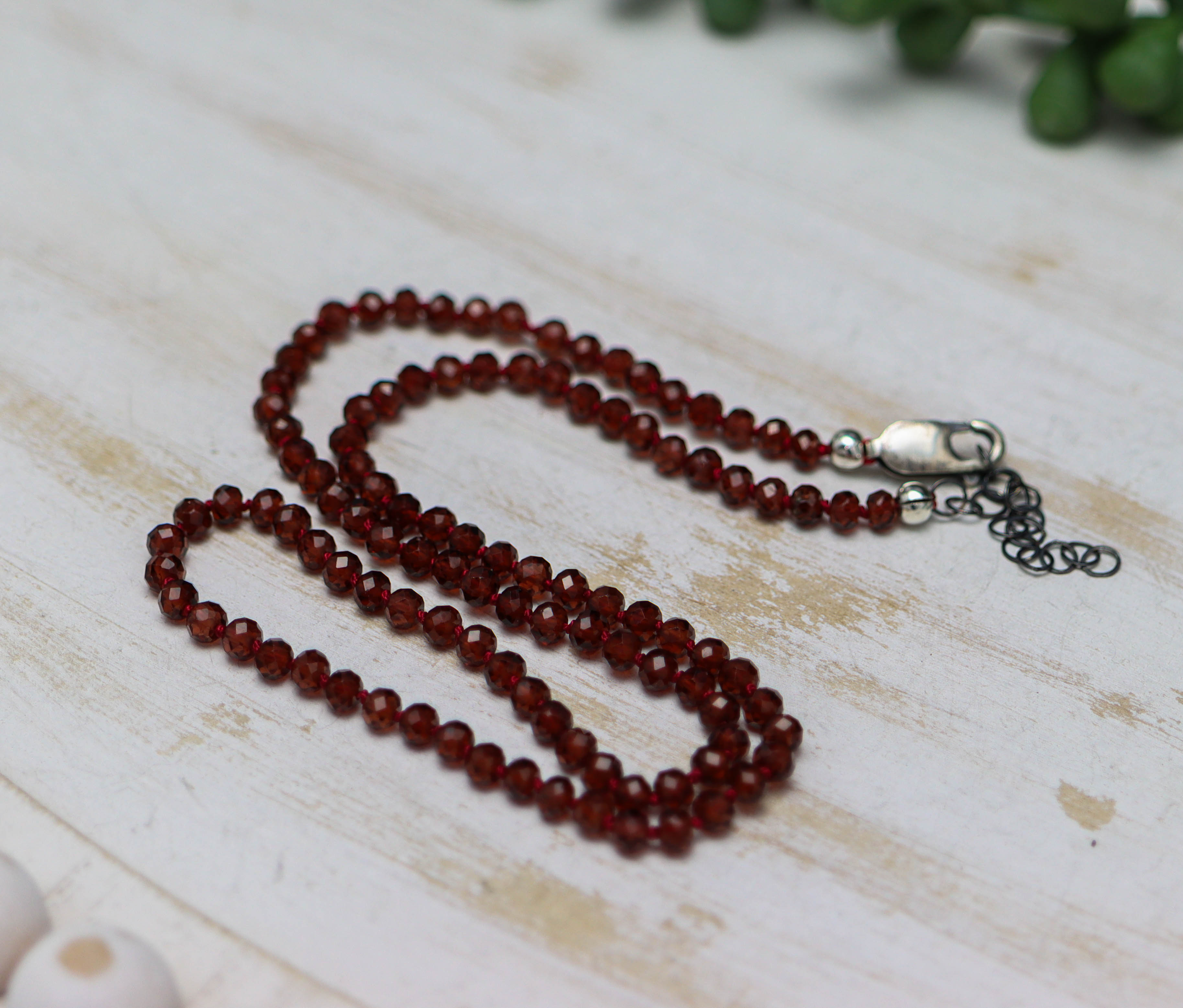 Red Garnet Hand Knotted Bead Necklace Sterling Silver 17 inch
