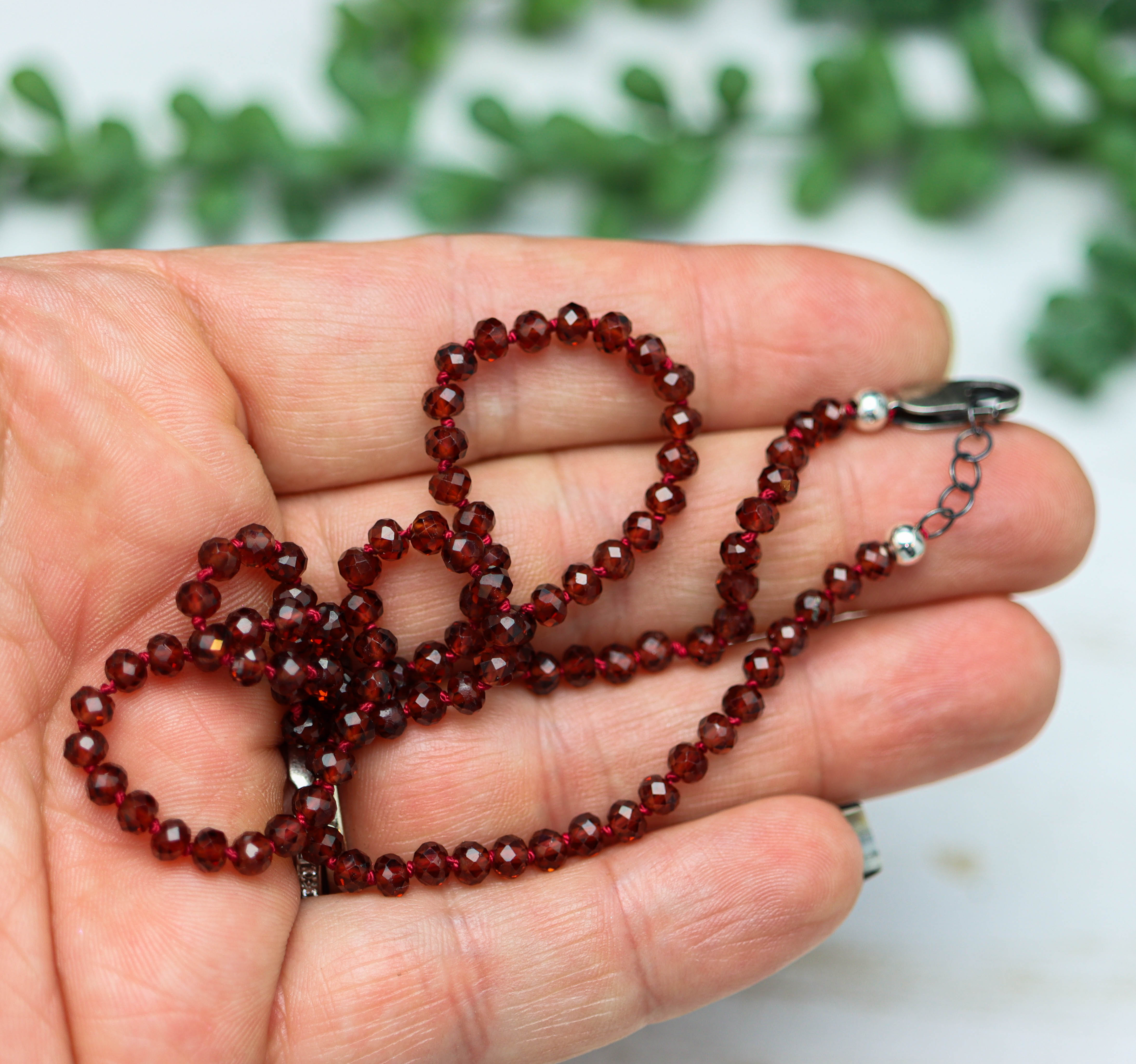 Red Garnet Hand Knotted Bead Necklace Sterling Silver 17 inch