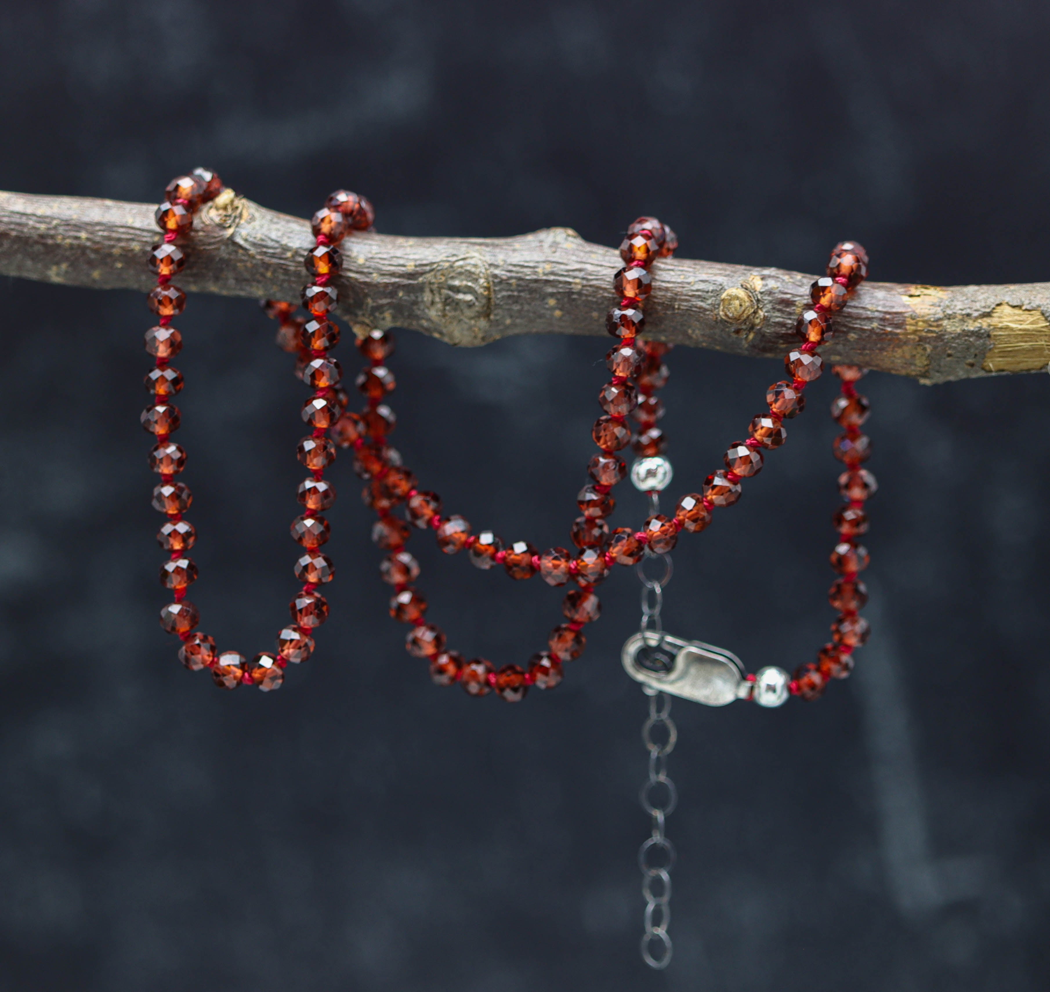 Red Garnet Hand Knotted Bead Necklace Sterling Silver 17 inch