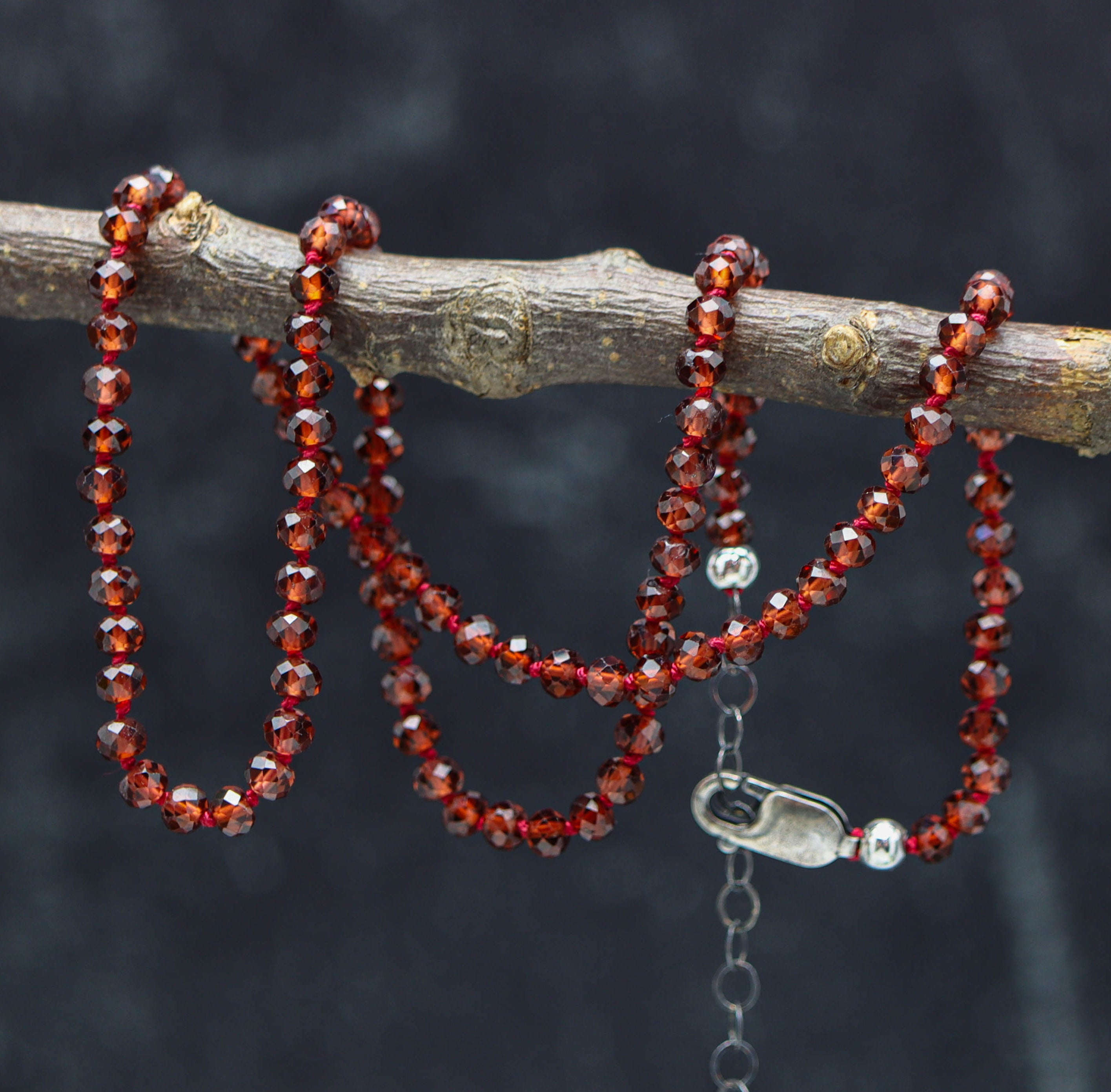 Red Garnet Hand Knotted Bead Necklace Sterling Silver 17 inch