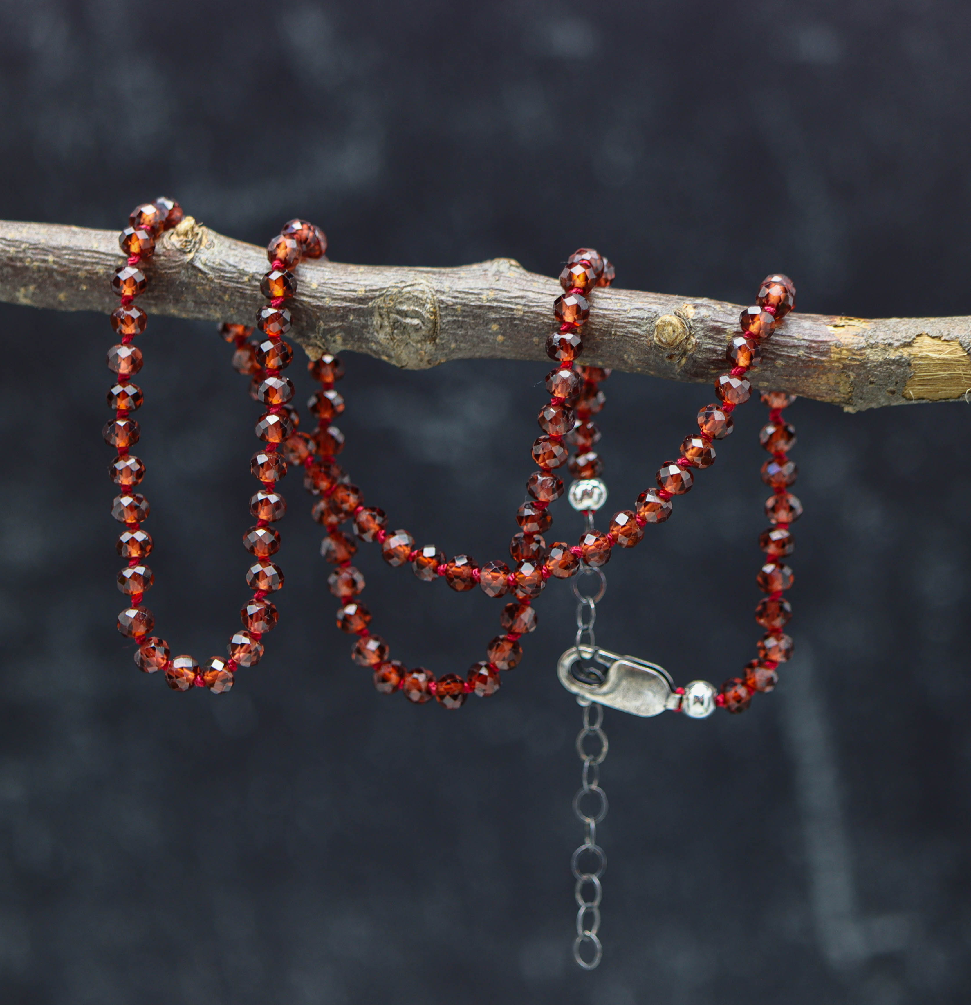 Red Garnet Hand Knotted Bead Necklace Sterling Silver 17 inch
