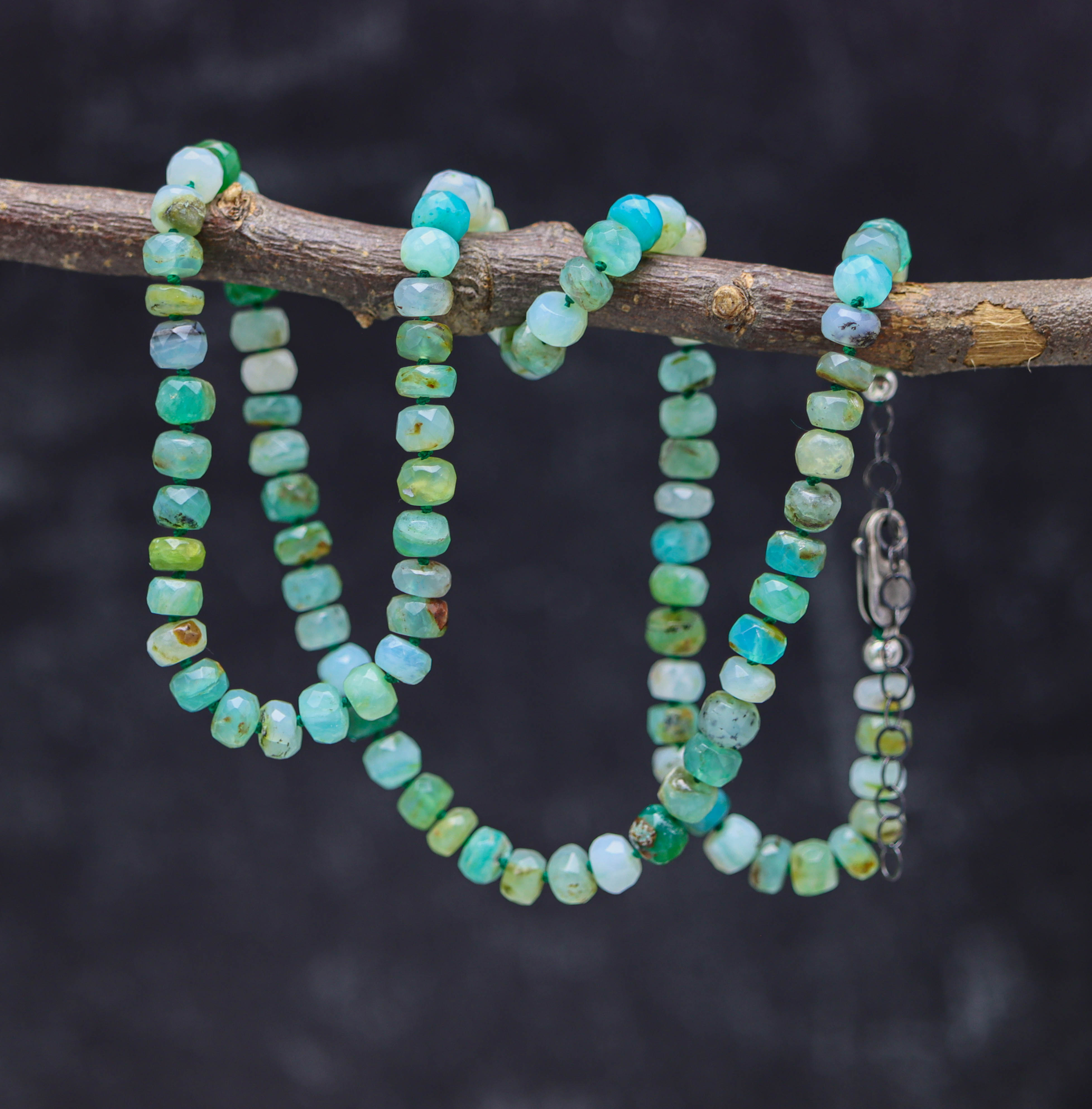 Peruvian Opal Hand Knotted Bead Necklace Sterling Silver