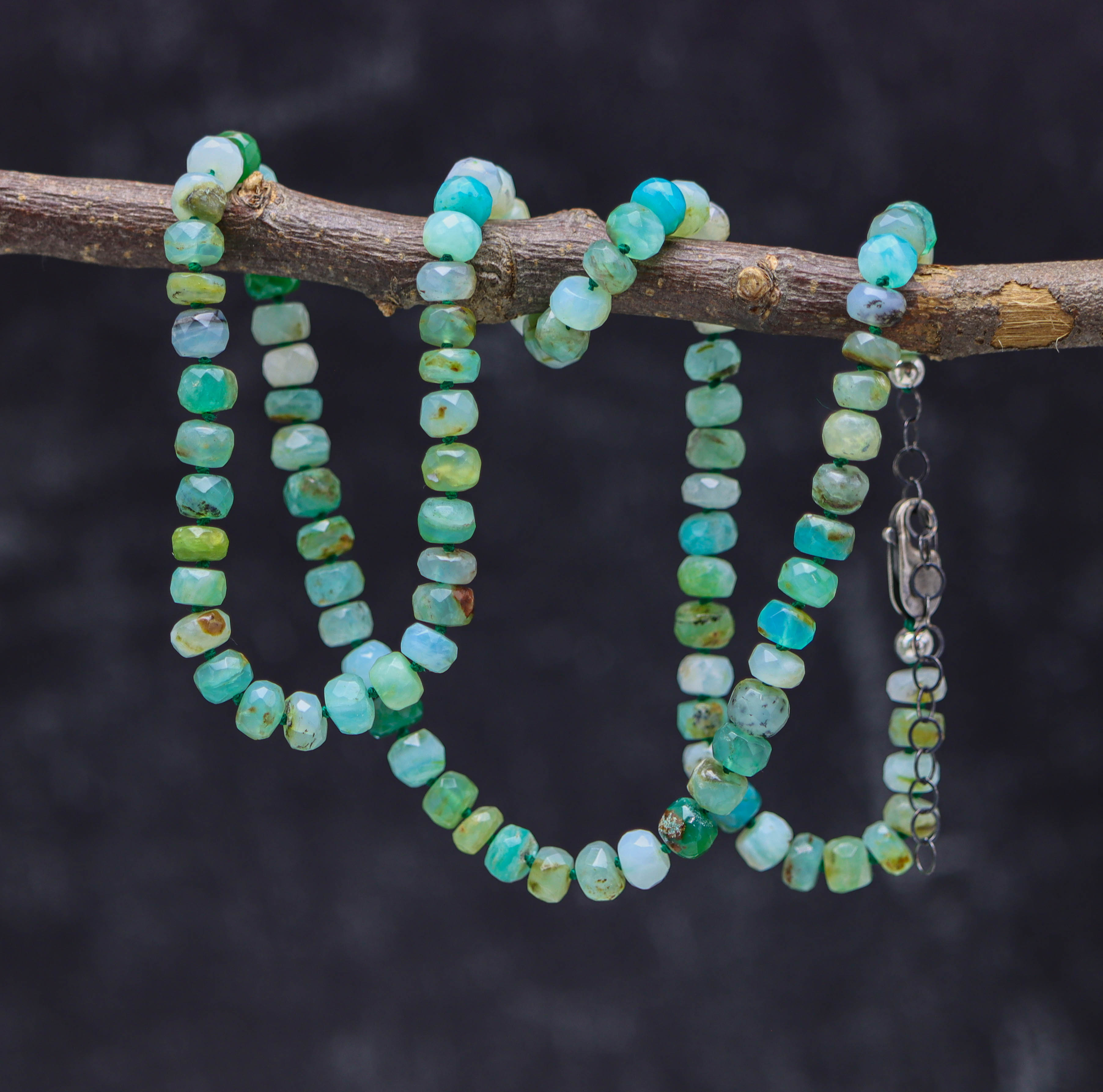 Peruvian Opal Hand Knotted Bead Necklace Sterling Silver