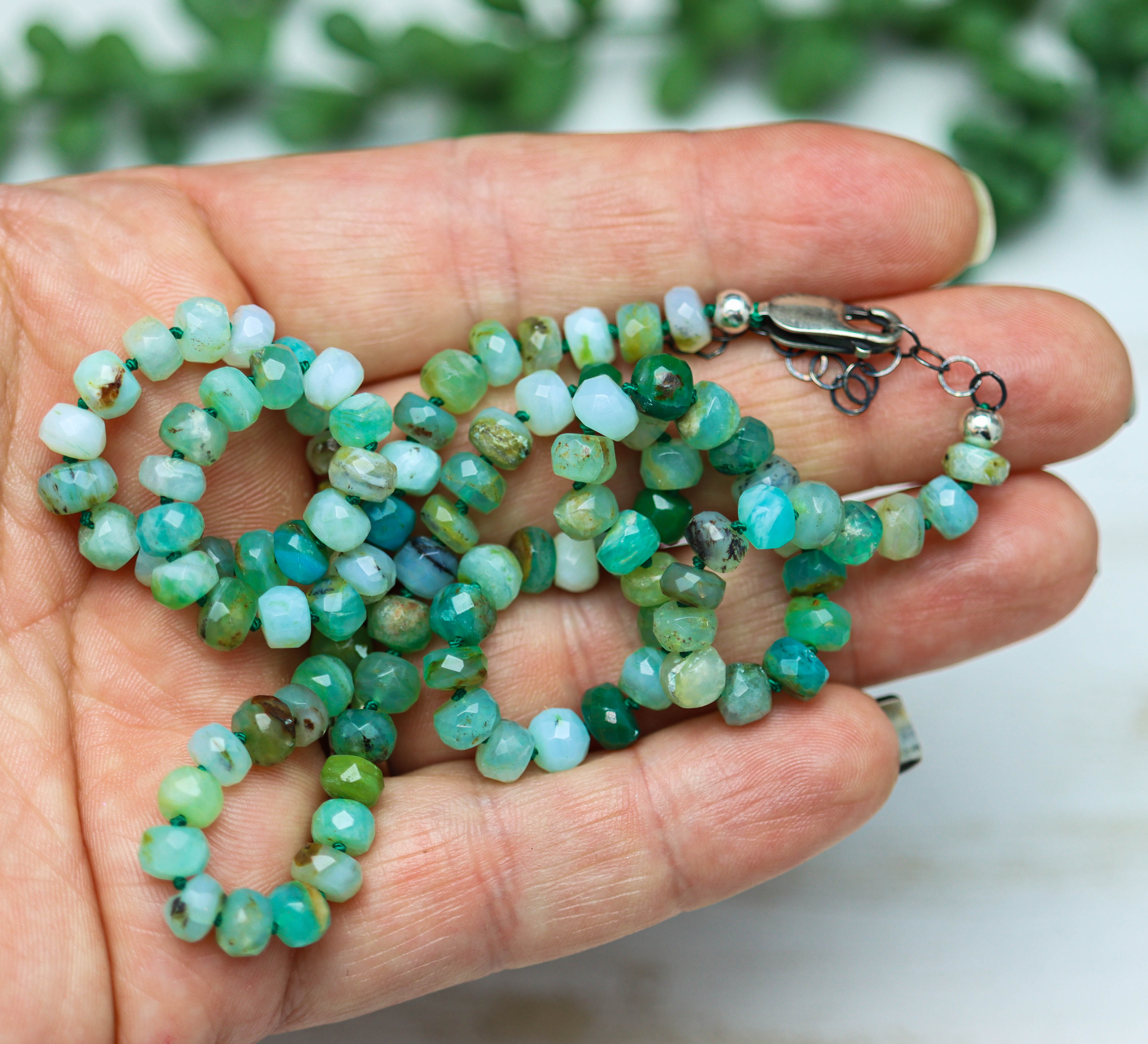 Peruvian Opal Hand Knotted Bead Necklace Sterling Silver