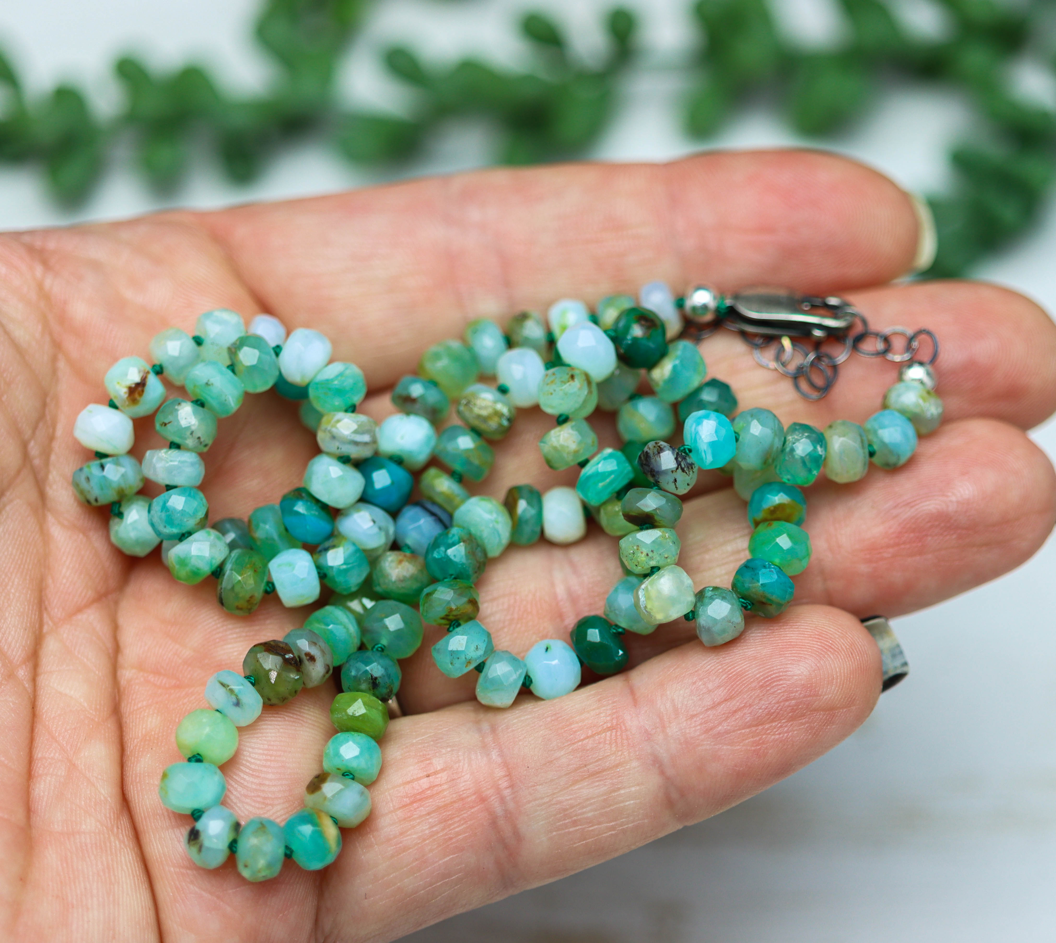 Peruvian Opal Hand Knotted Bead Necklace Sterling Silver