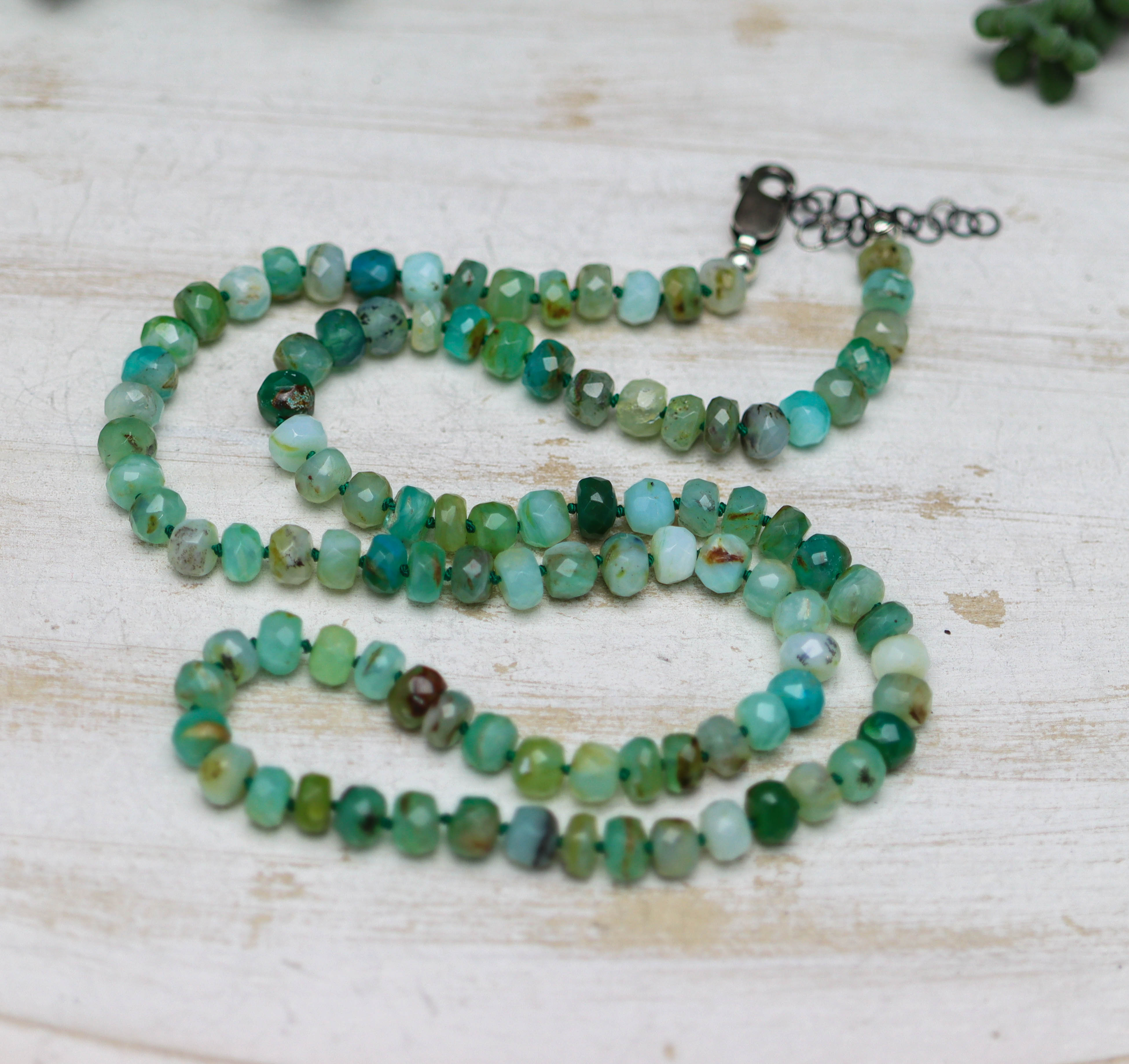 Peruvian Opal Hand Knotted Bead Necklace Sterling Silver