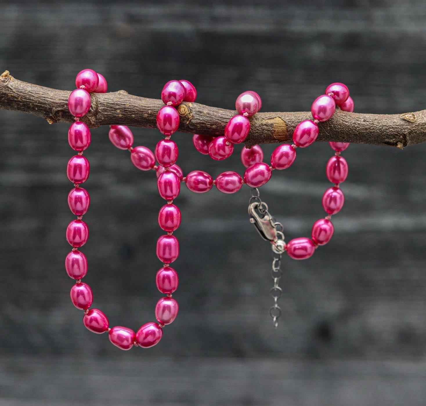 Hot Pink Pearl Hand Knotted Bead Necklace Sterling Silver