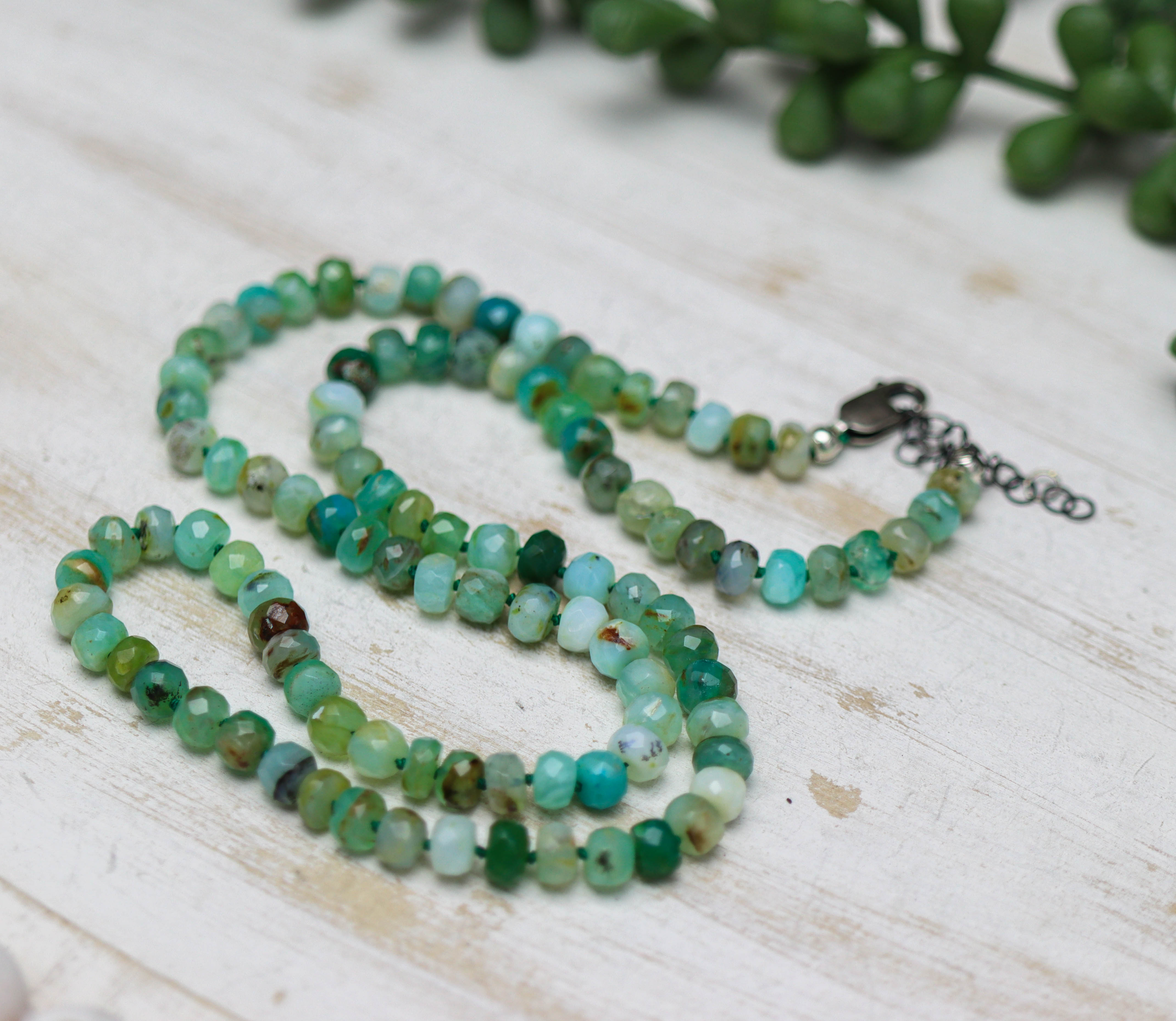 Peruvian Opal Hand Knotted Bead Necklace Sterling Silver