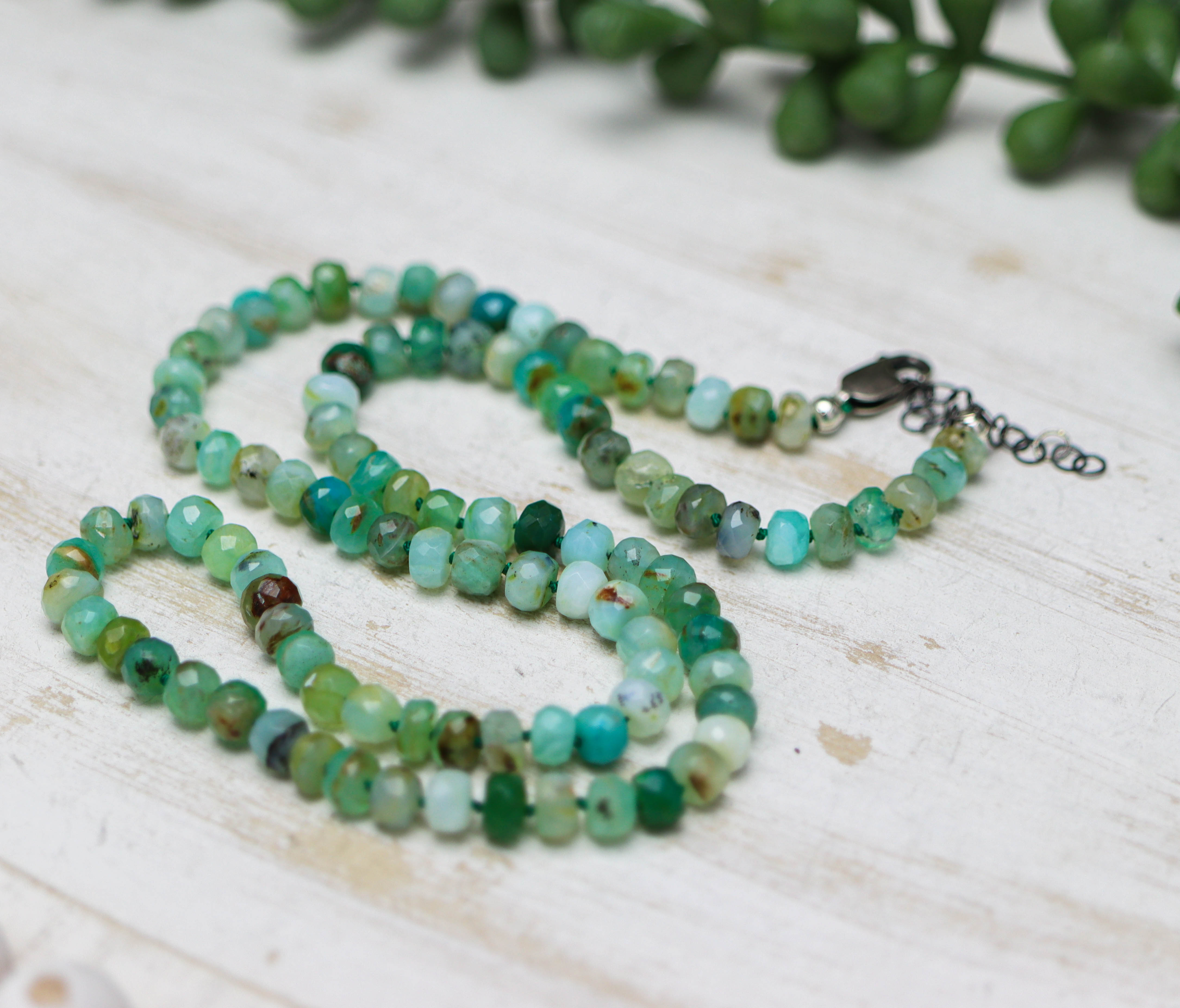 Peruvian Opal Hand Knotted Bead Necklace Sterling Silver
