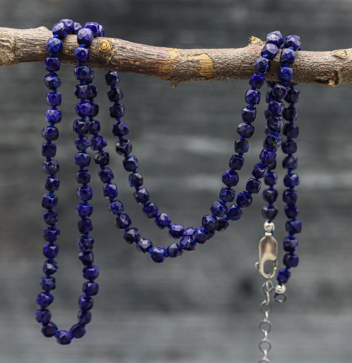 Blue Lapis Hand Knotted Bead Necklace Sterling Silver