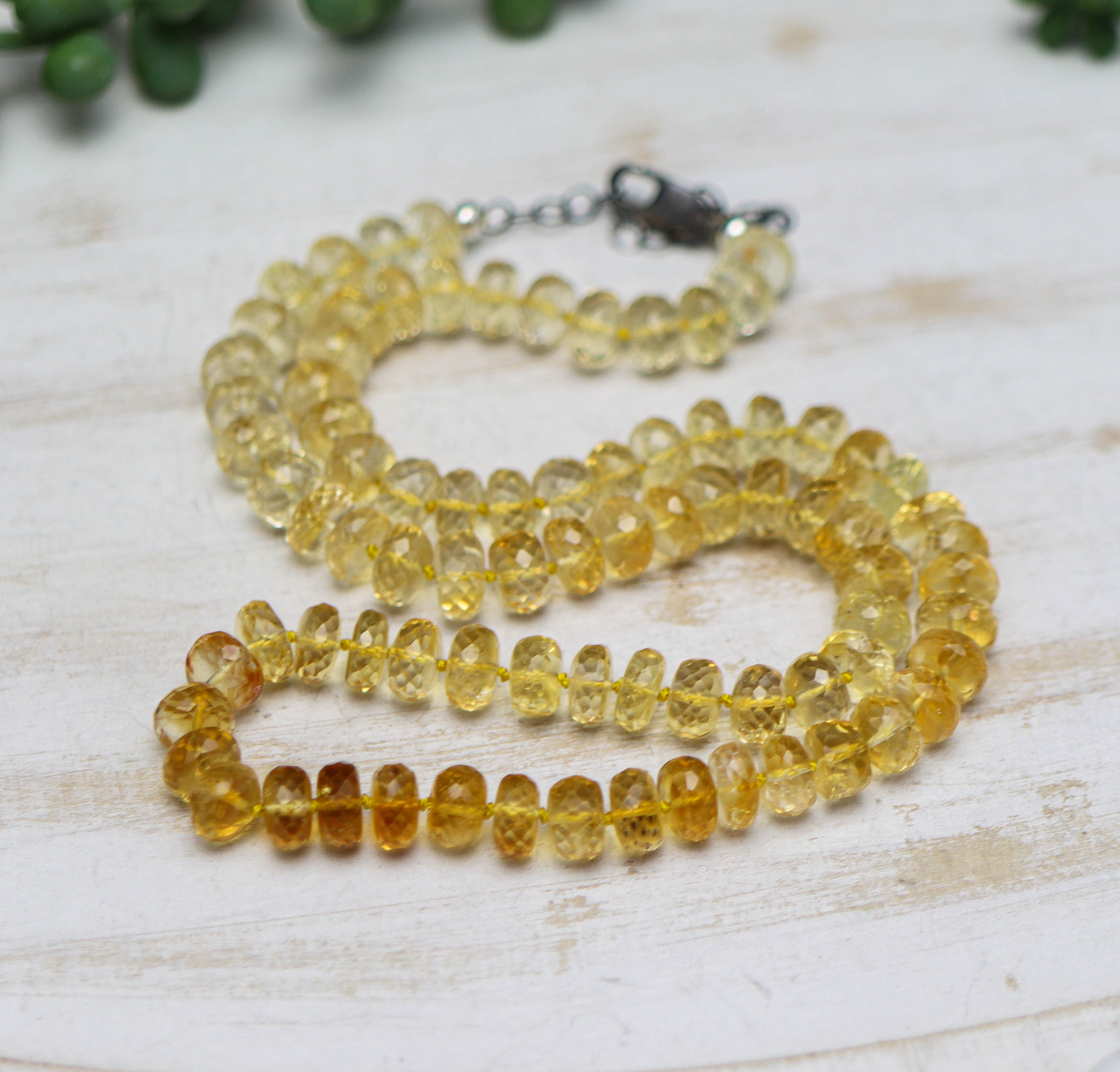 Ombre Yellow Citrine Hand Knotted Bead Necklace Sterling Silver