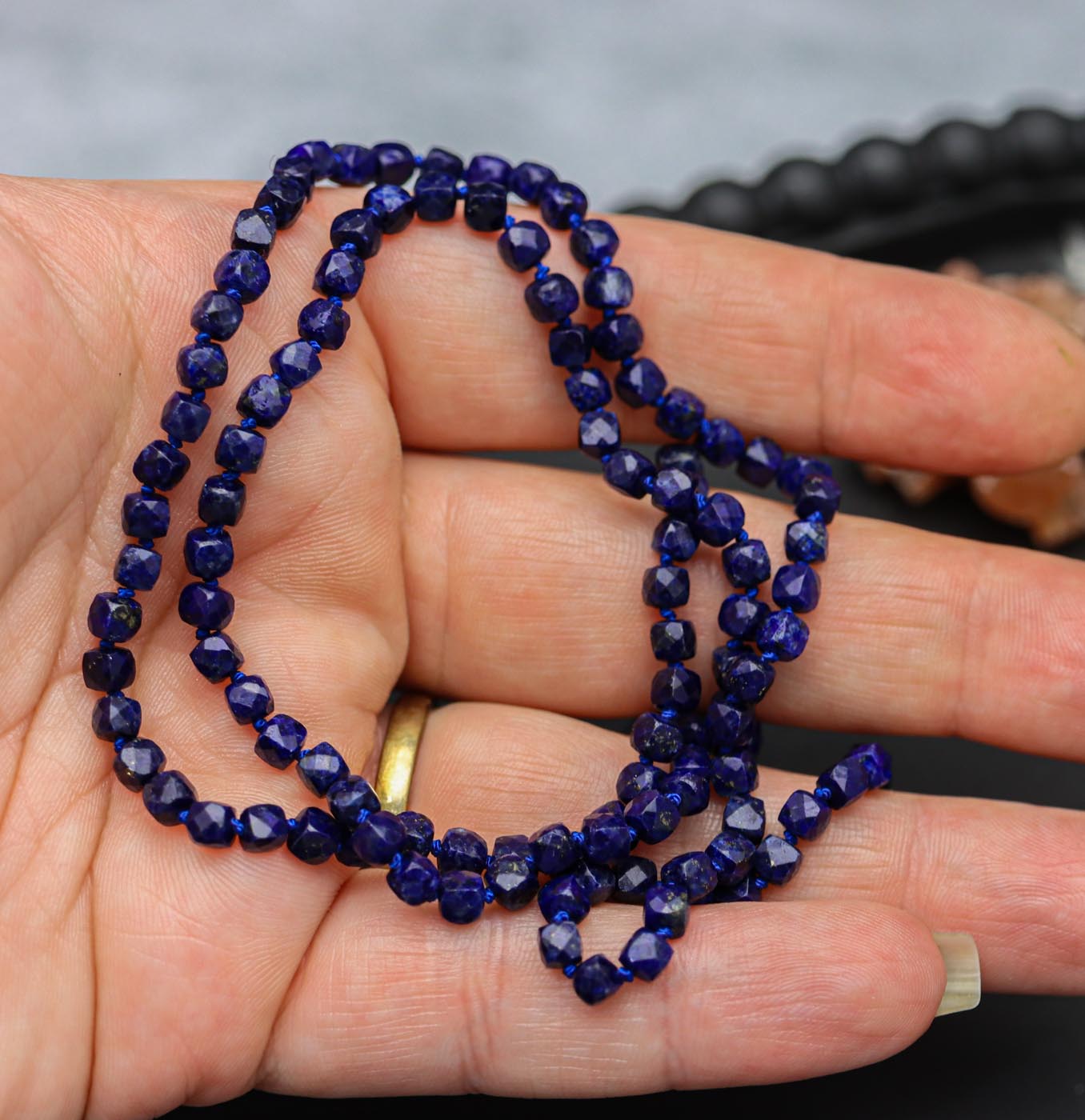 Blue Lapis Hand Knotted Bead Necklace Sterling Silver