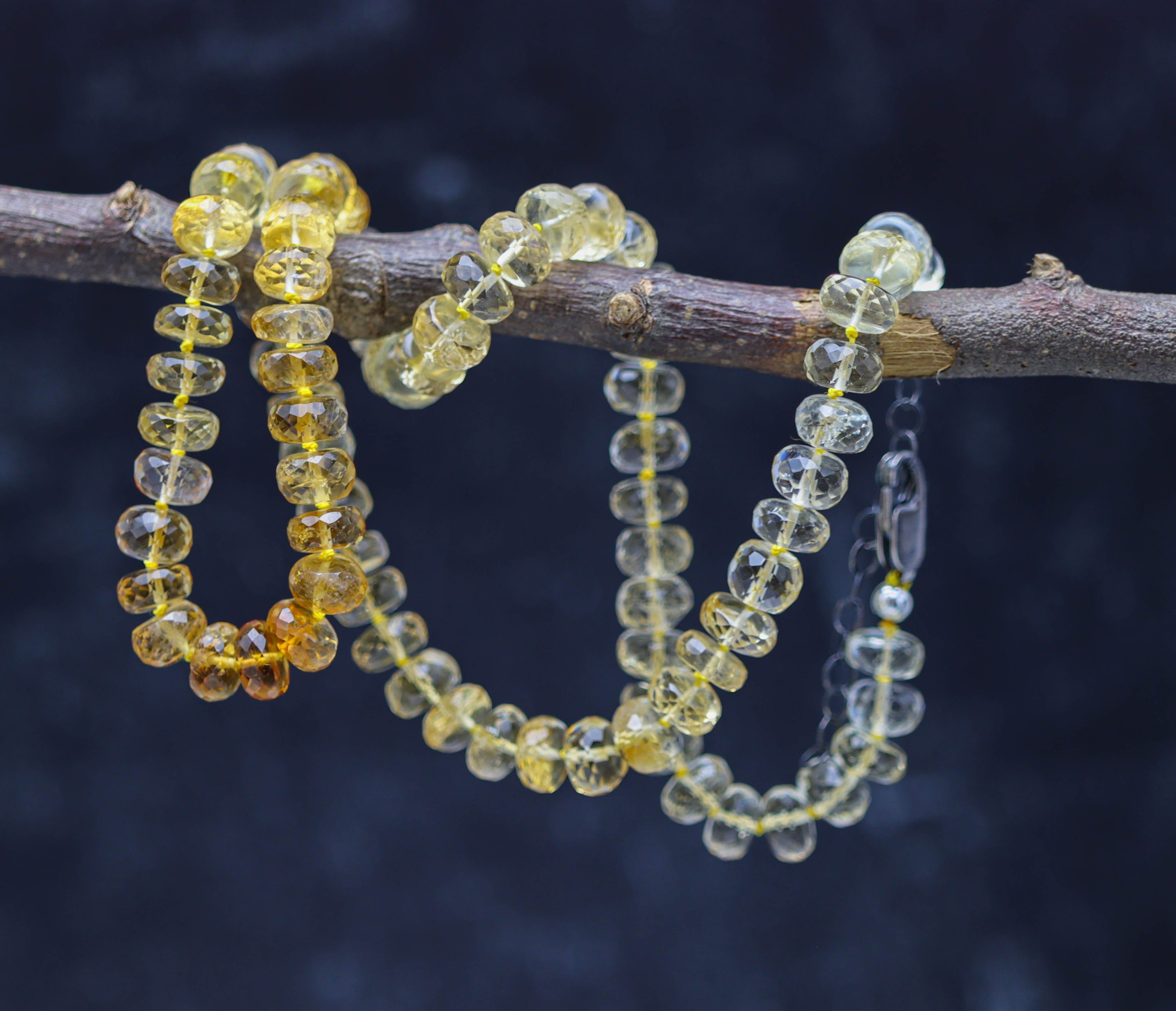 Ombre Yellow Citrine Hand Knotted Bead Necklace Sterling Silver