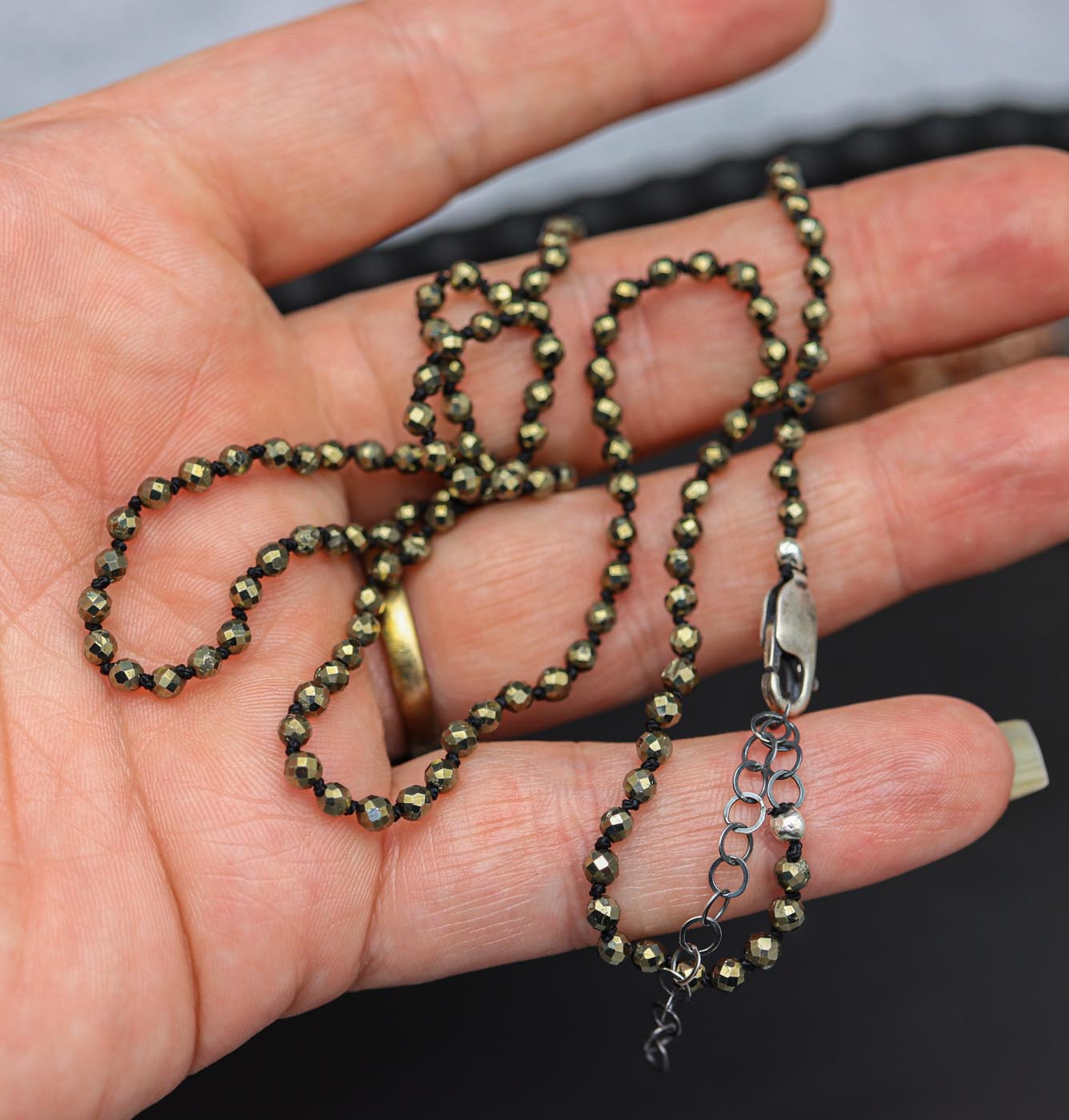 Sparkly Faceted Pyrite Hand Knotted Bead Necklace Sterling Silver