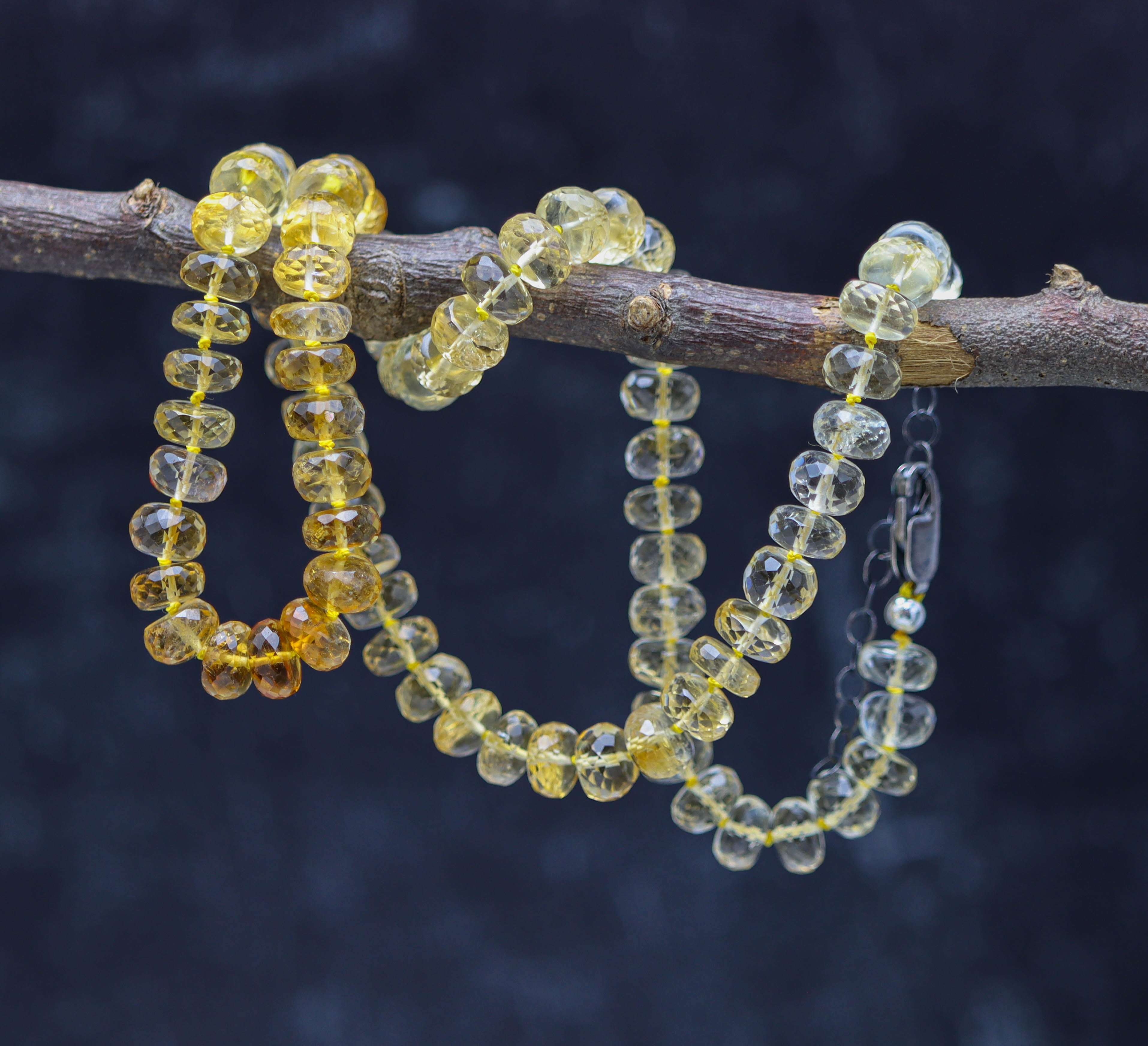 Ombre Yellow Citrine Hand Knotted Bead Necklace Sterling Silver