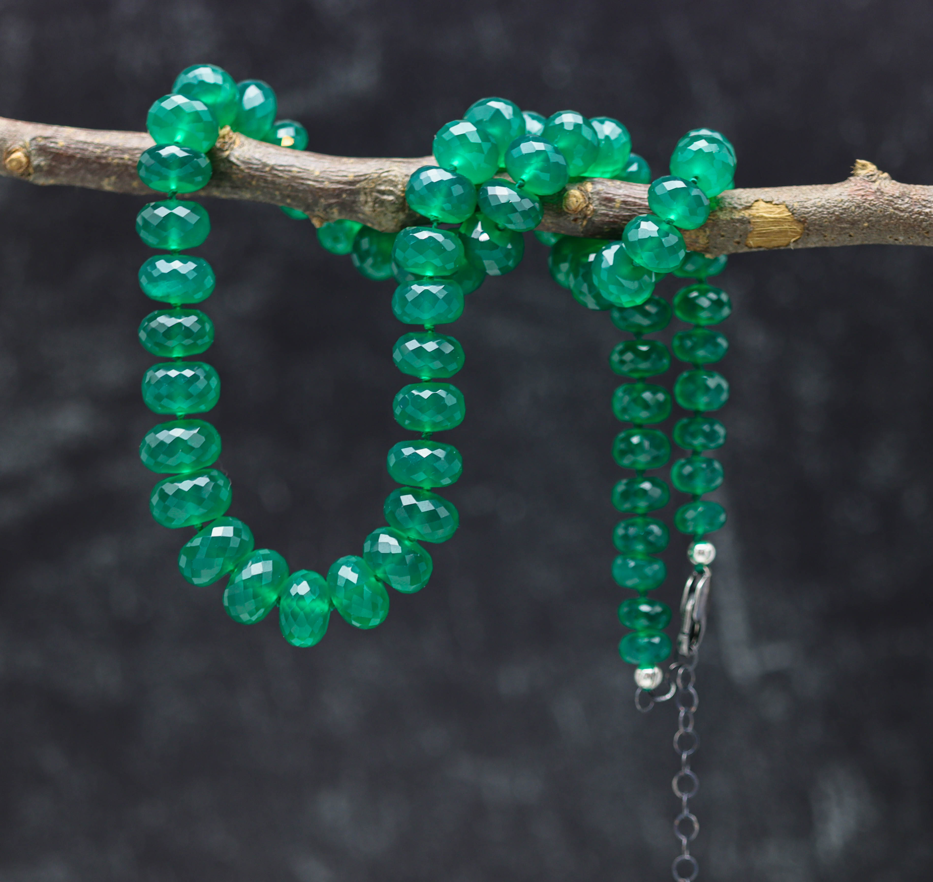 Green Onyx Hand Knotted Bead Necklace Sterling Silver