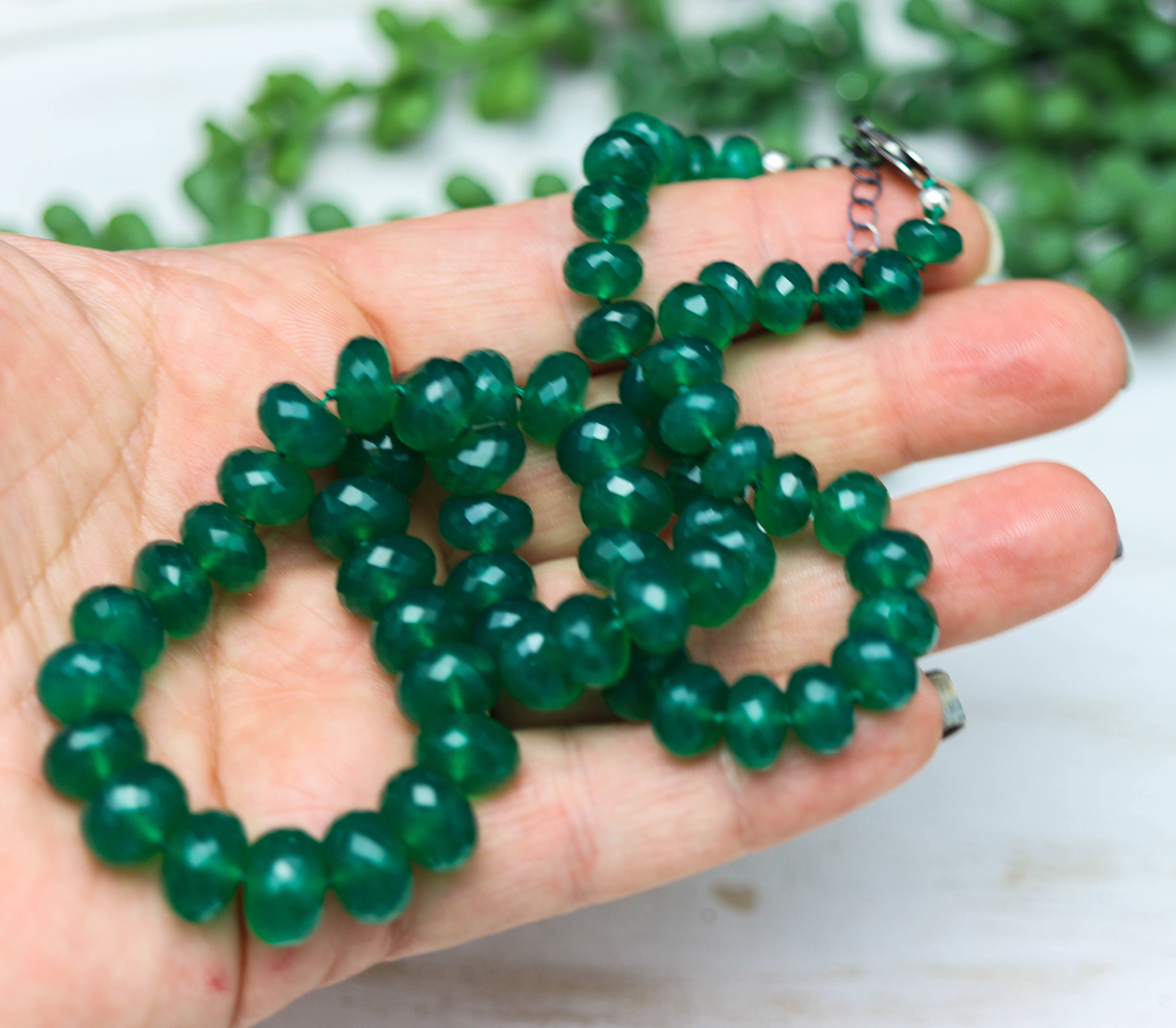 Green Onyx Hand Knotted Bead Necklace Sterling Silver