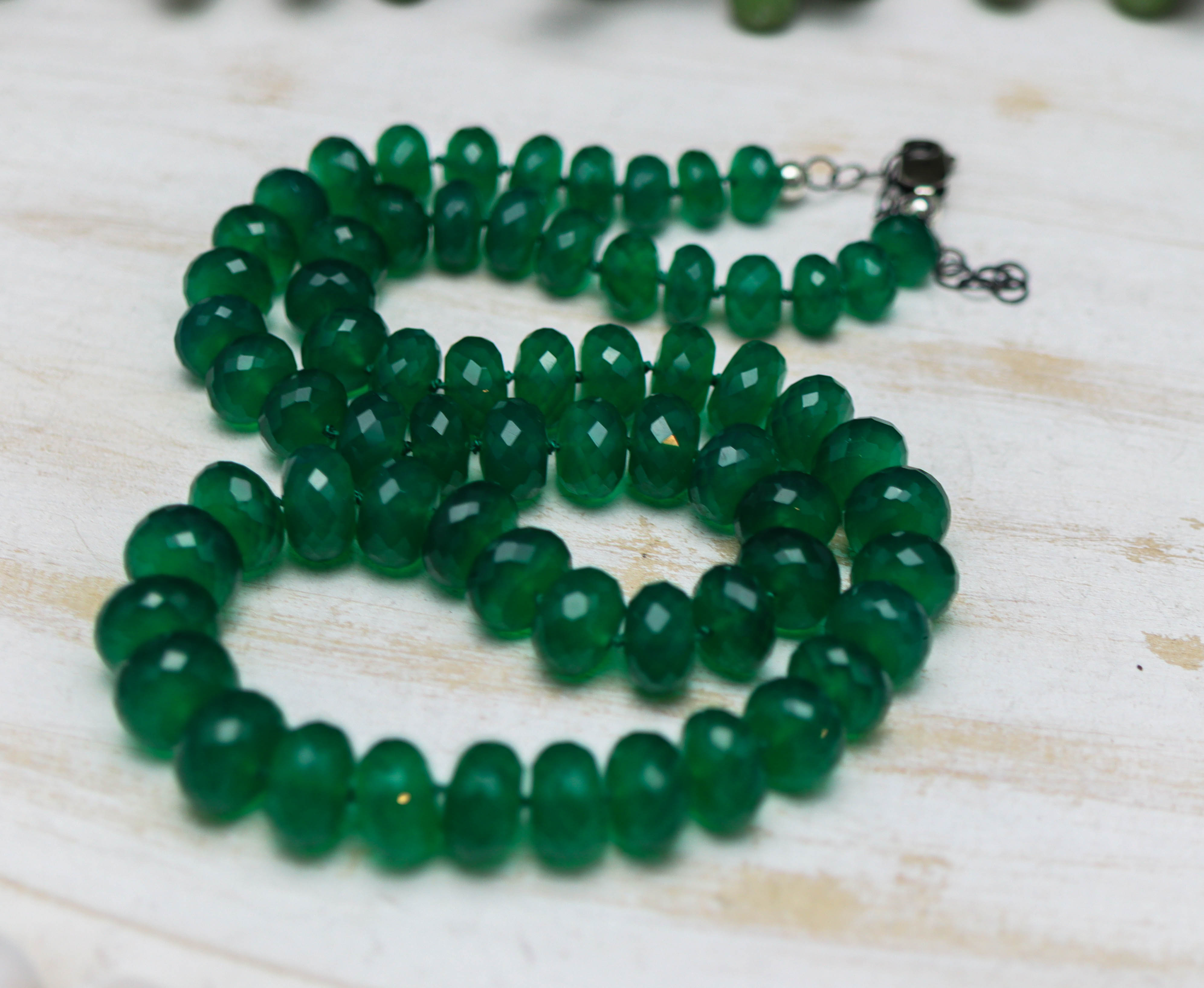 Green Onyx Hand Knotted Bead Necklace Sterling Silver