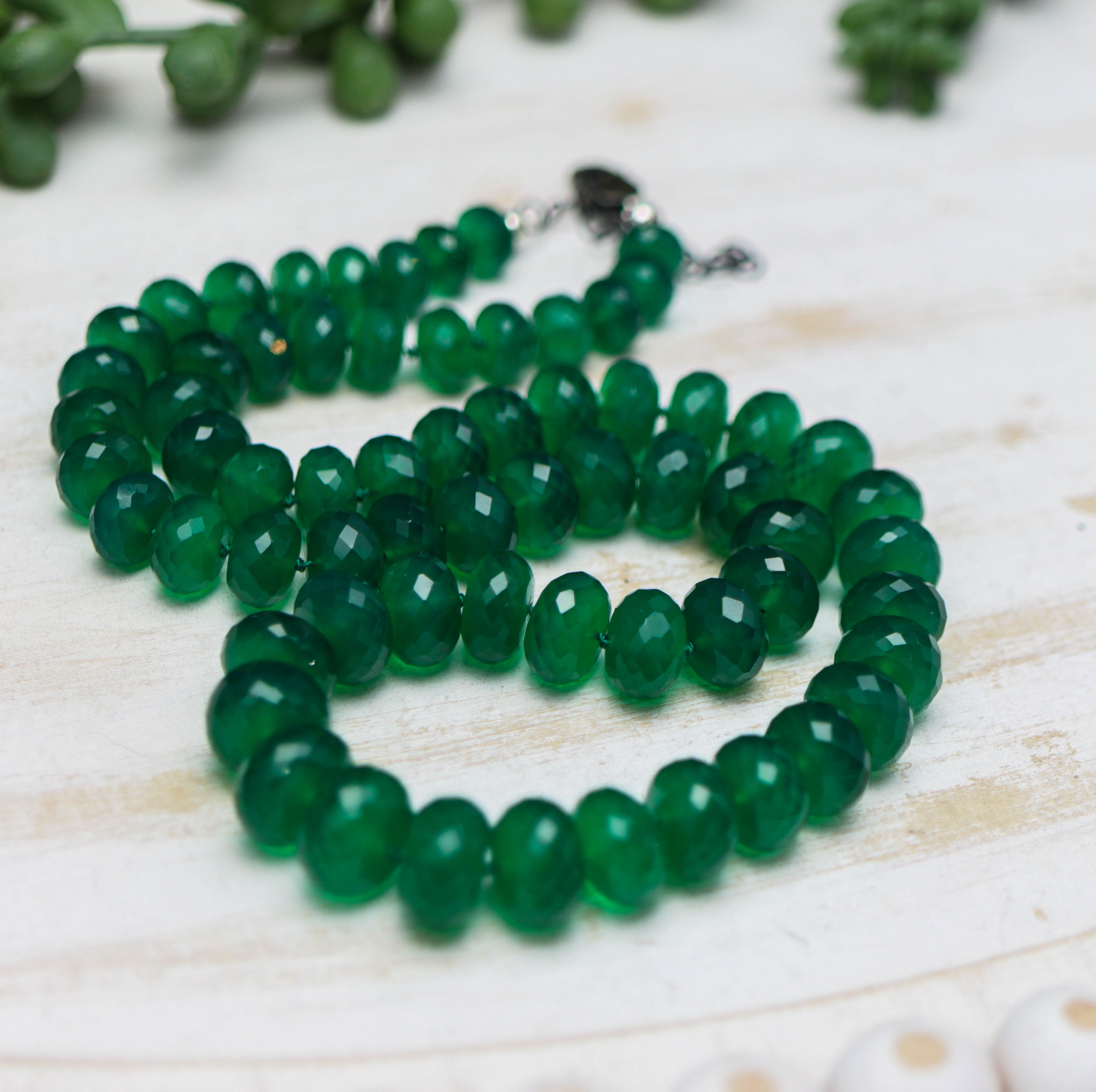 Green Onyx Hand Knotted Bead Necklace Sterling Silver
