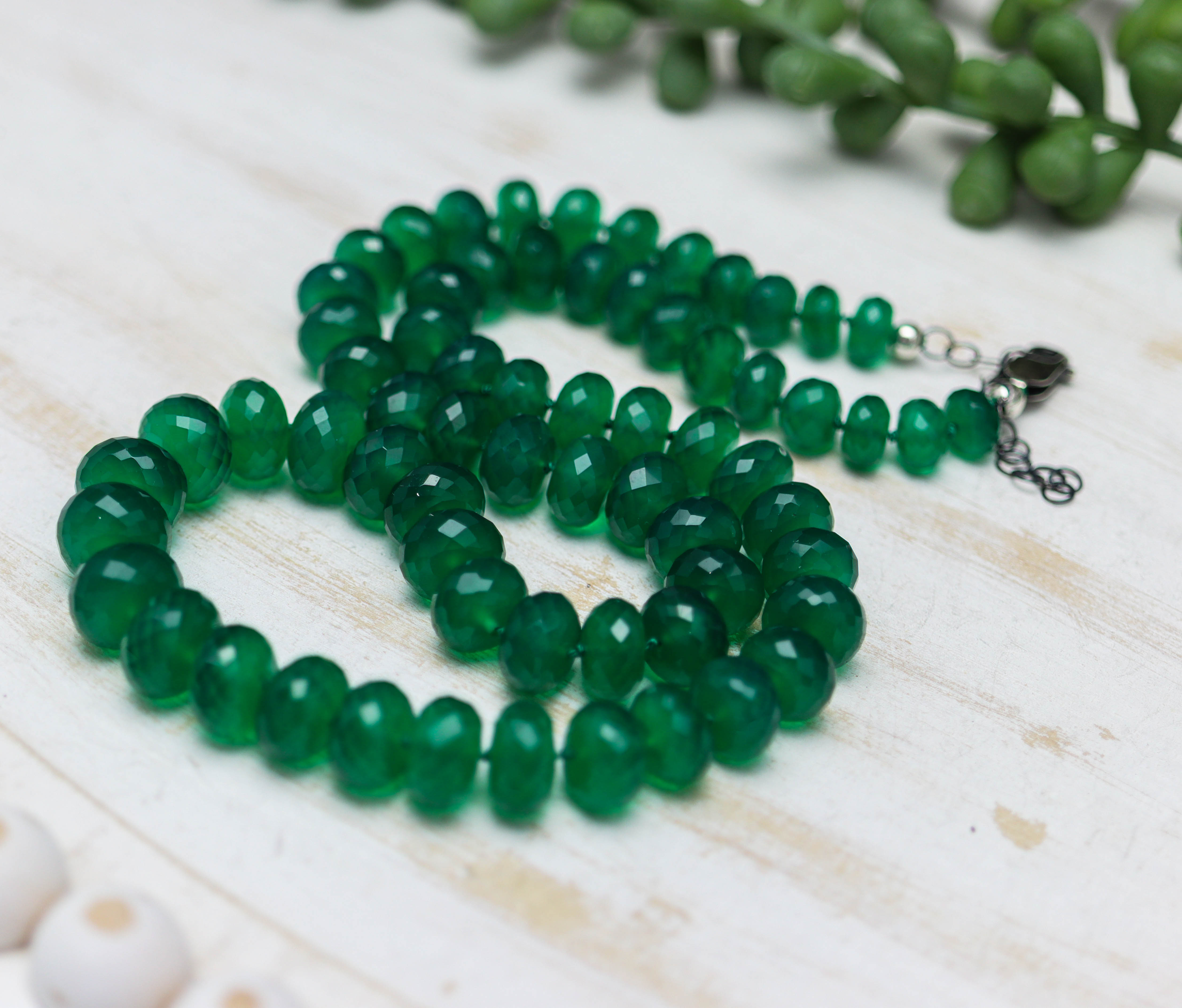 Green Onyx Hand Knotted Bead Necklace Sterling Silver