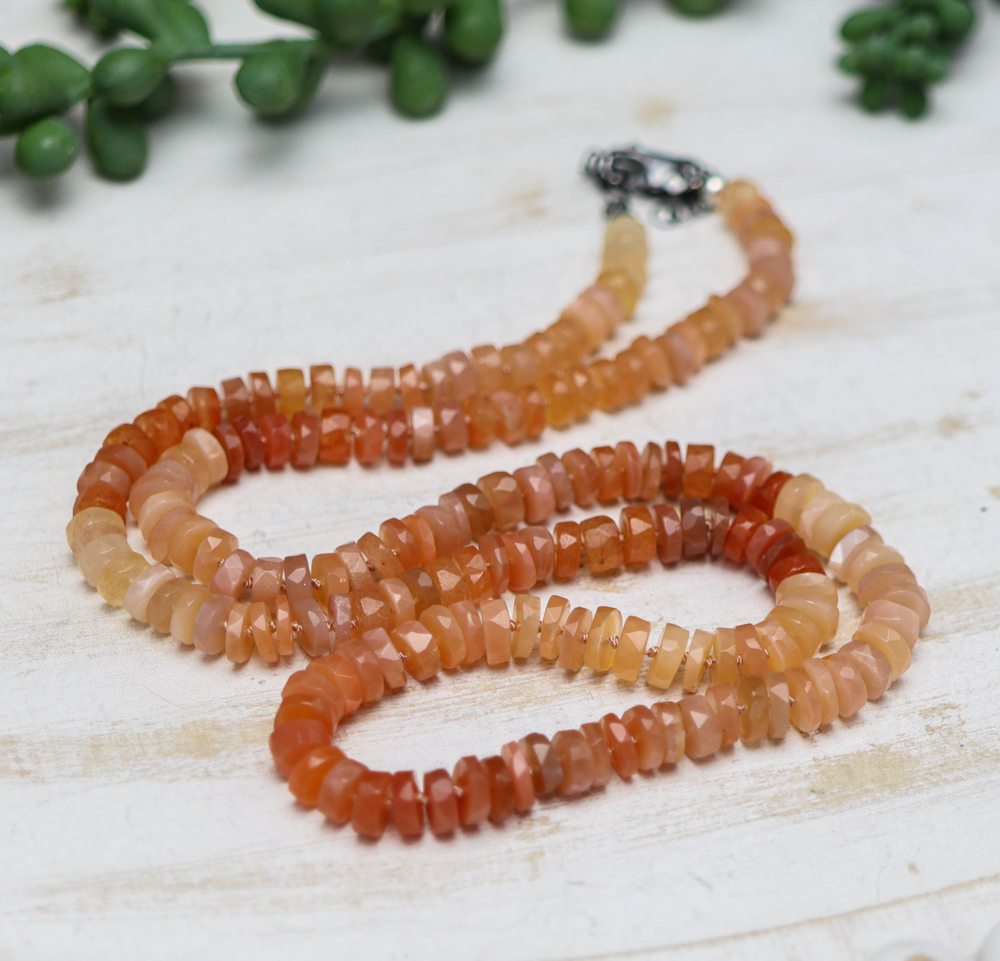 Peach Moonstone Hand Knotted Bead Necklace Sterling Silver