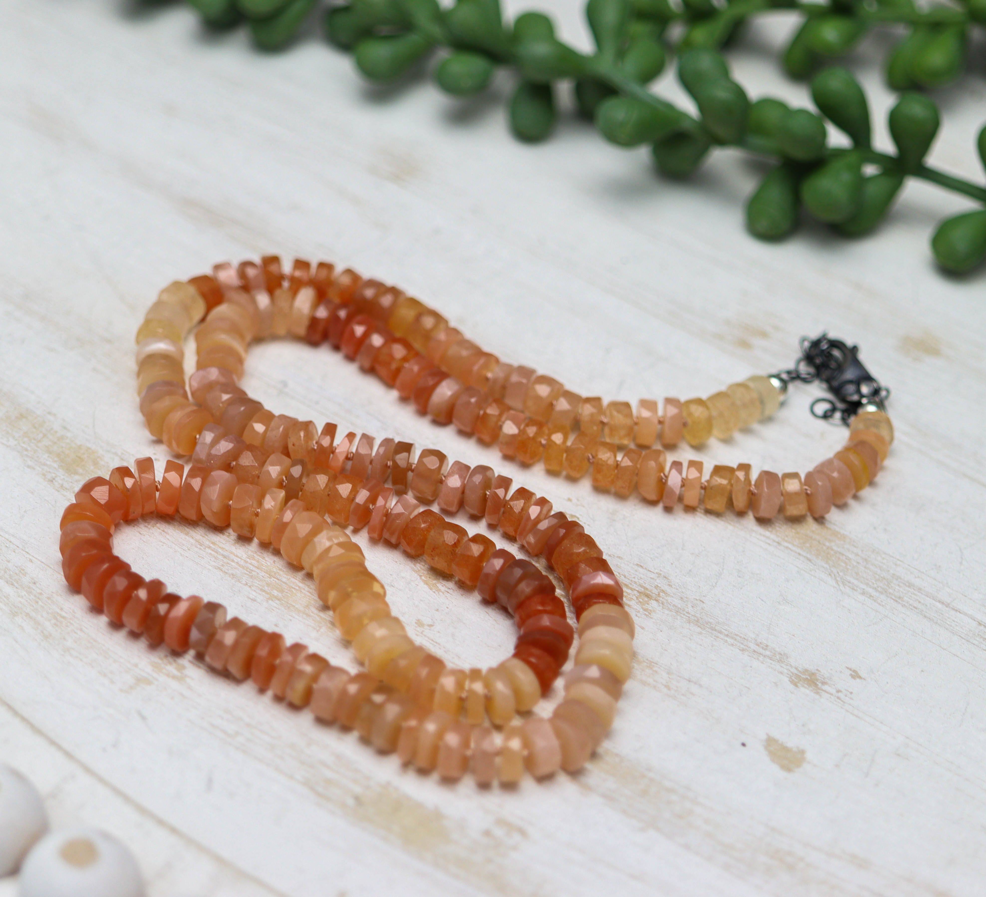 Peach Moonstone Hand Knotted Bead Necklace Sterling Silver