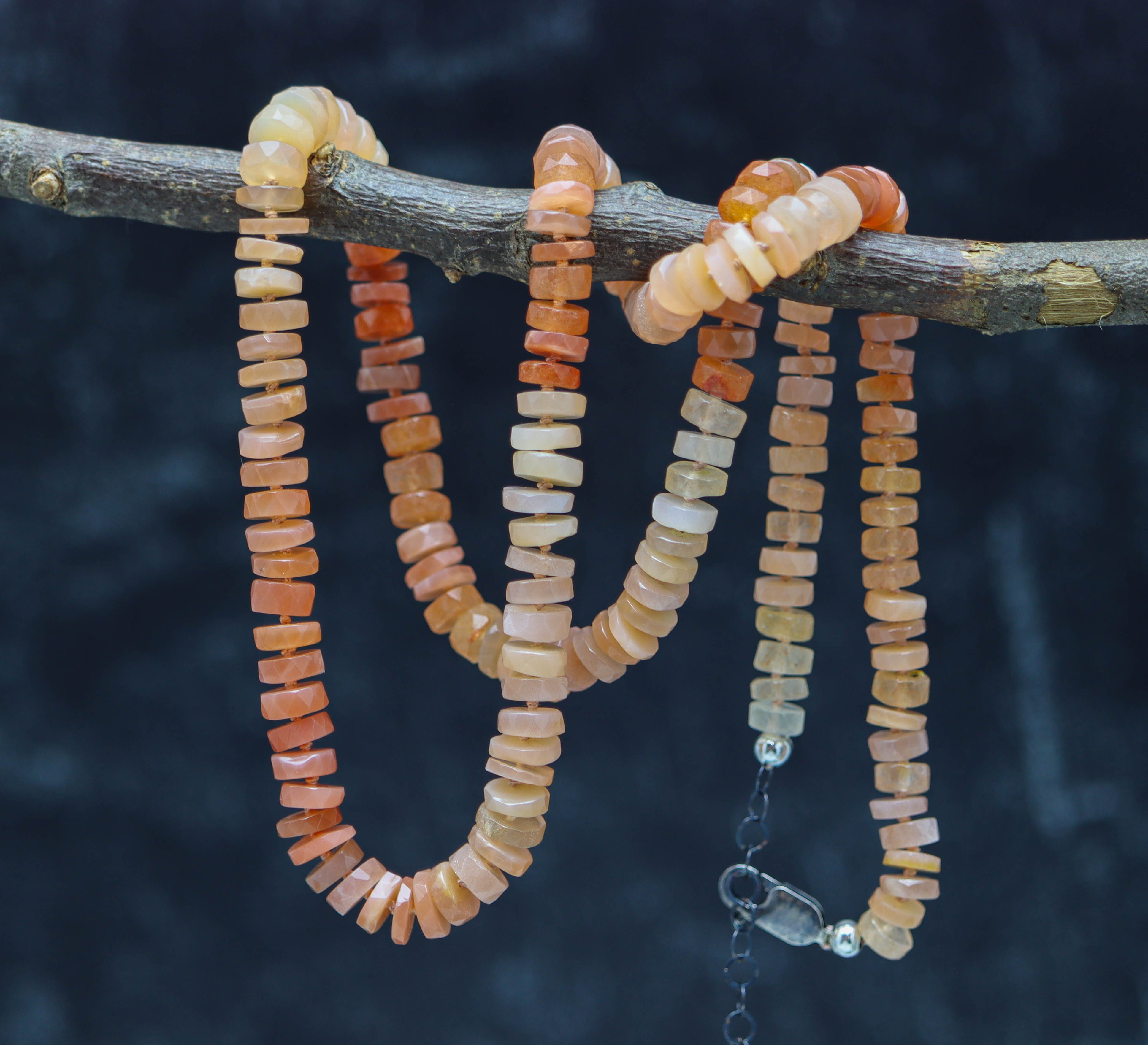 Peach Moonstone Hand Knotted Bead Necklace Sterling Silver