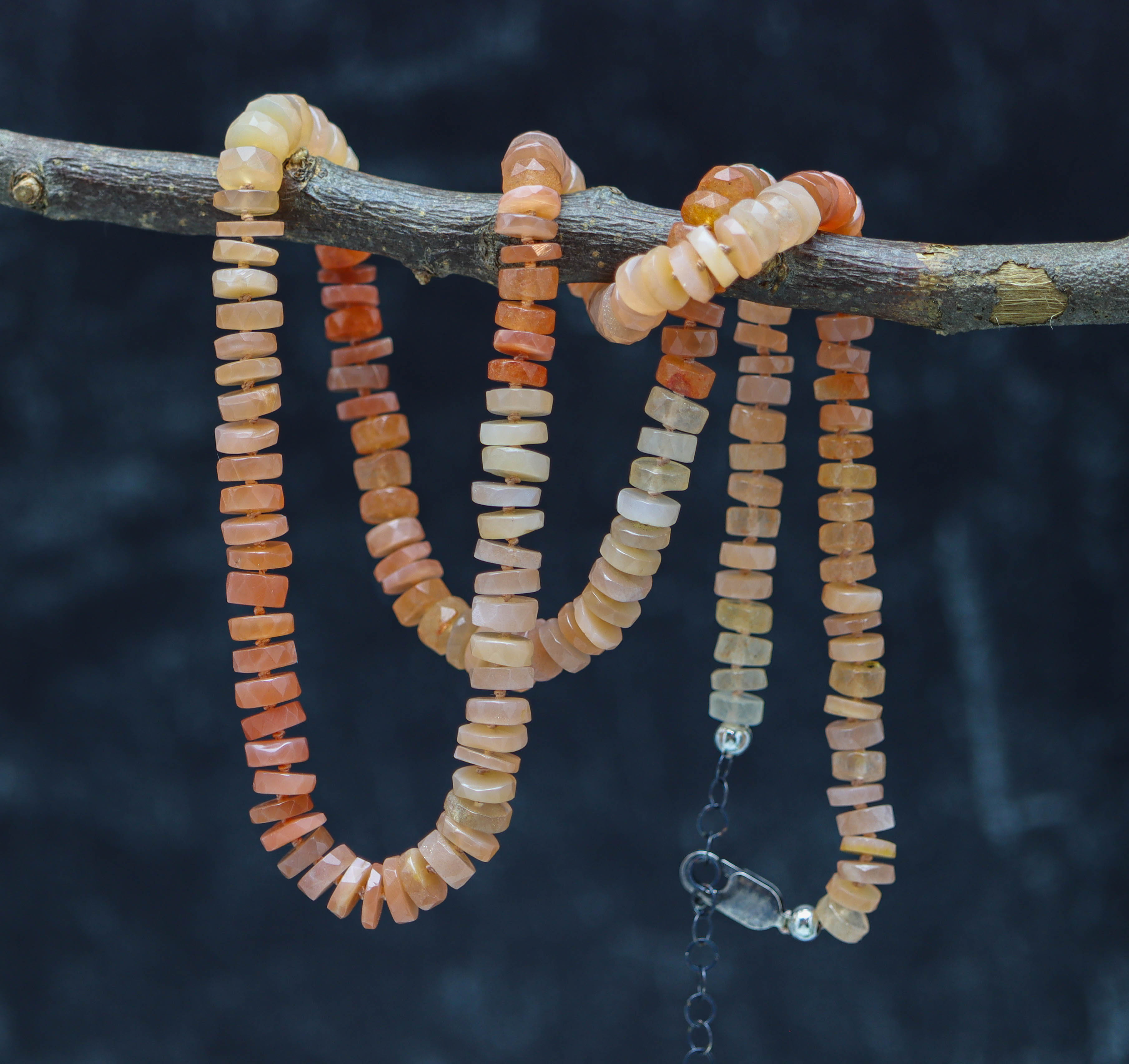 Peach Moonstone Hand Knotted Bead Necklace Sterling Silver